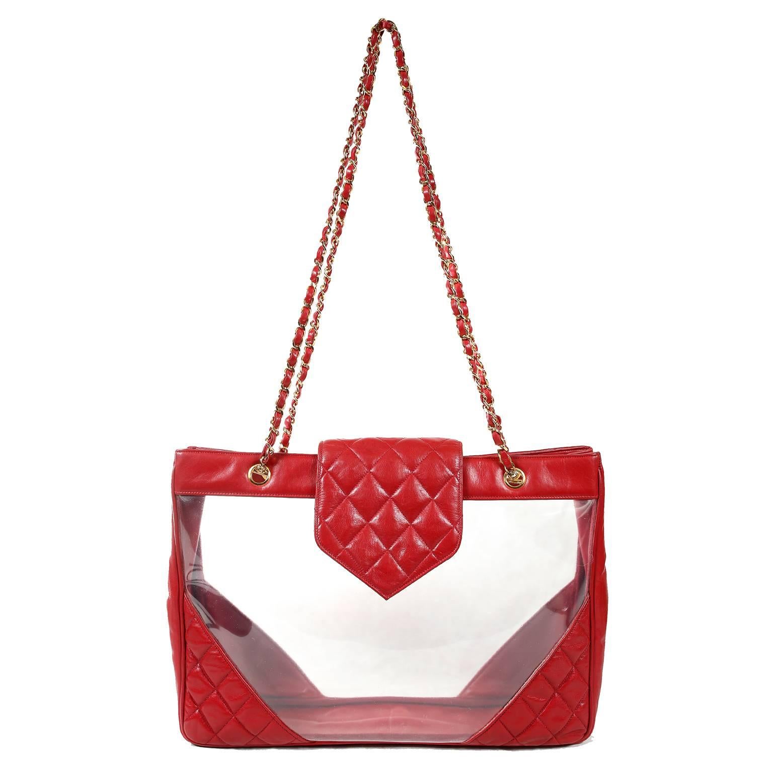 Chanel Clear PVC and Red Leather XL Vintage Tote Bag 4