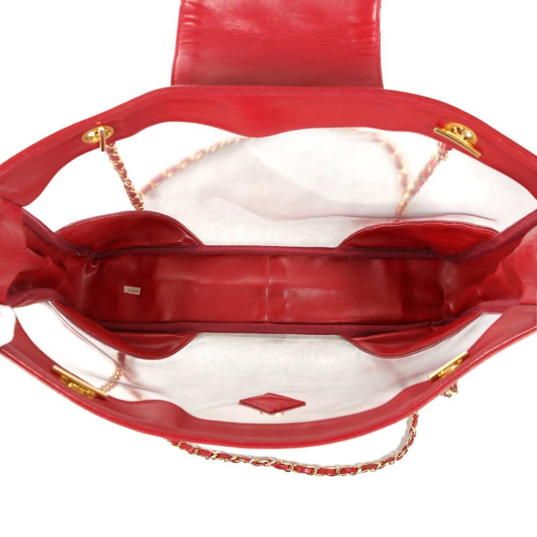 Chanel Clear PVC and Red Leather XL Vintage Tote Bag For Sale at 1stdibs