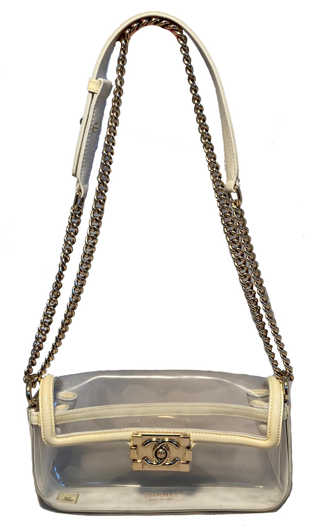 Chanel Clear PVC Classic Flap Shoulder Bag in excellent condition. Clear PVC trimmed with cream patent leather and gold hardware. Chain and leather shoulder strap can be worn short or long to suit a variety of styles. Front pinch latch single flap