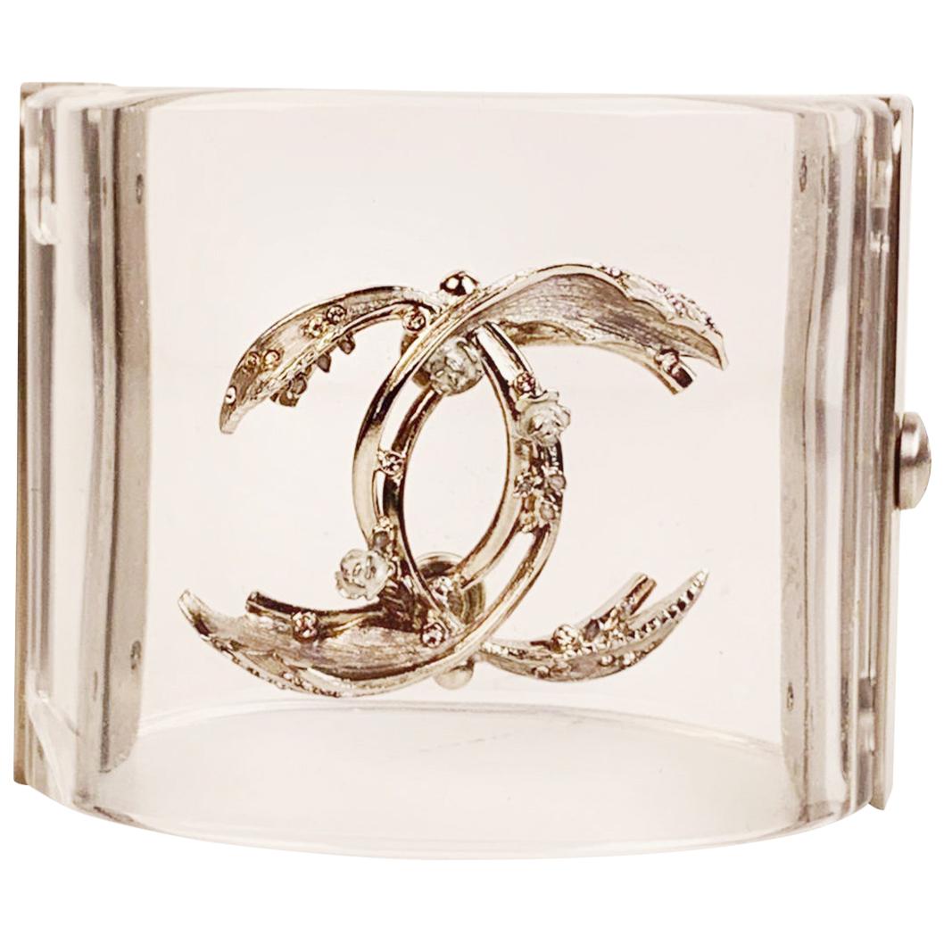 Chanel Clear Resin and CC Logo Wide Cuff Bracelet Manchette For