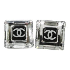 Retro Chanel Clear Transparent Black Charm CC Evening Cube Stud Earrings in Box