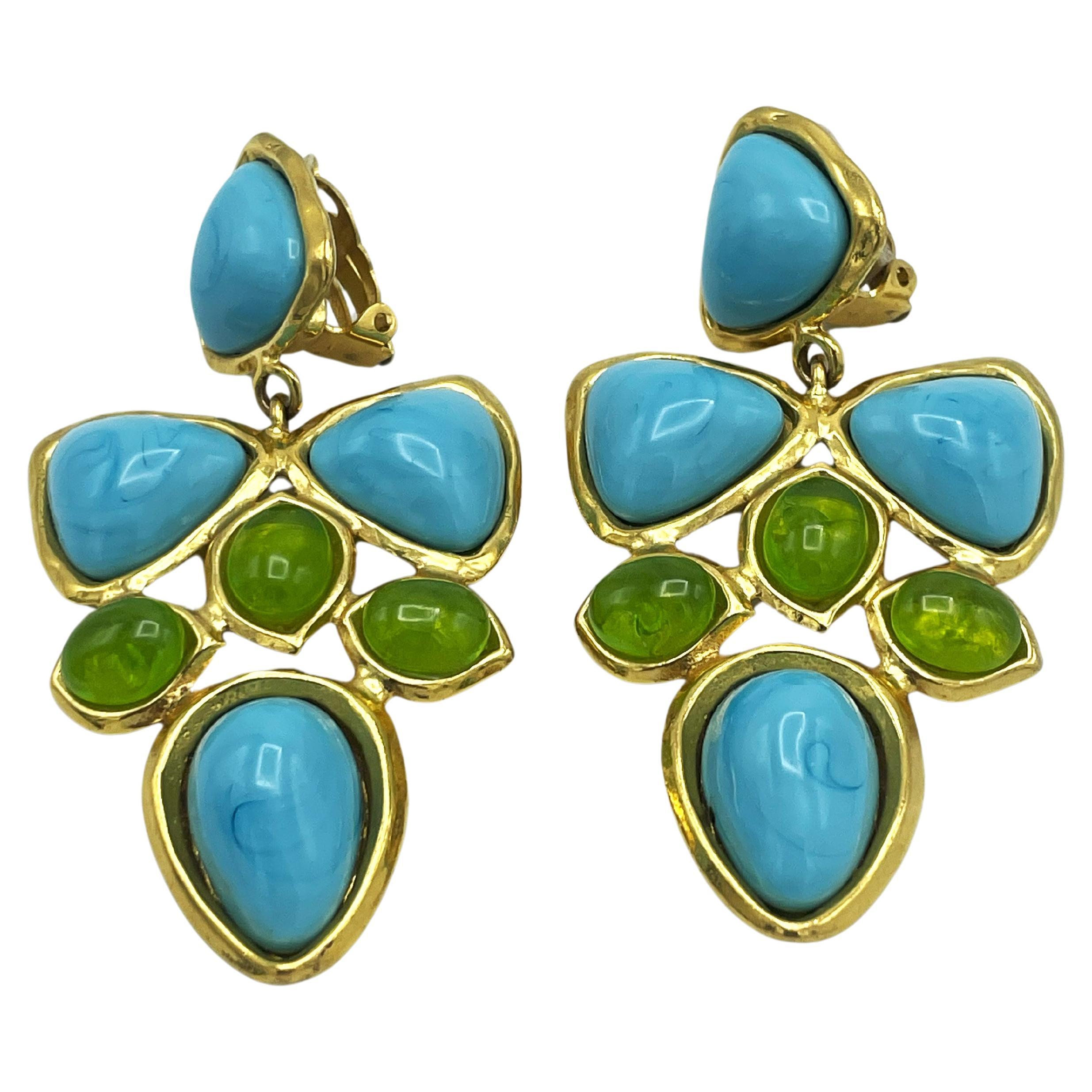 Modern CHANEL CLIP-ON EARRING, blue and green glass paste from Maison Gripoix, 1993 A  For Sale