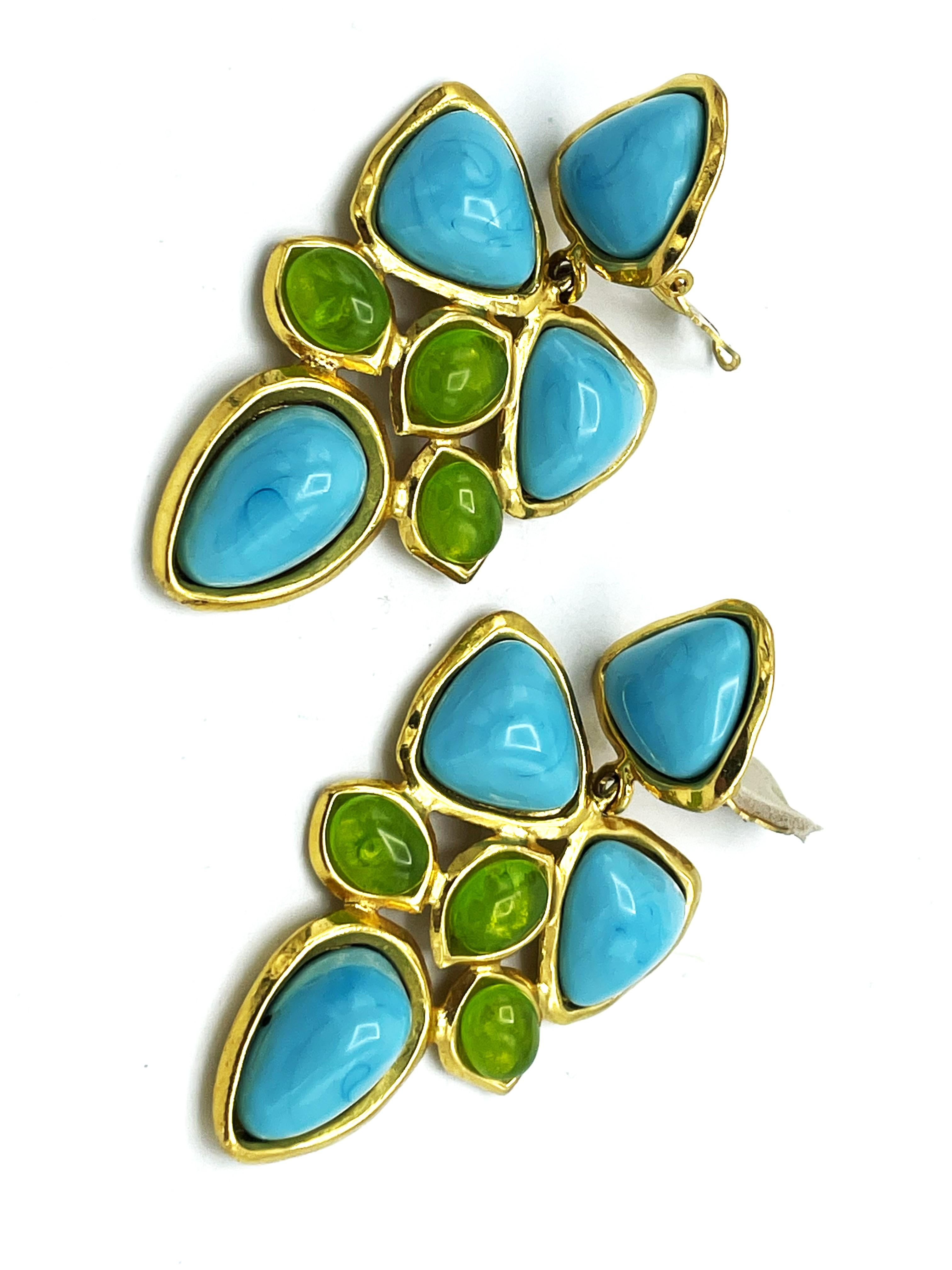 CHANEL CLIP-ON EARRING, blue and green glass paste from Maison Gripoix, 1993 A  For Sale 2