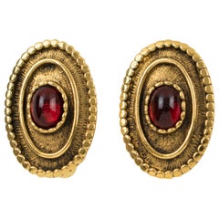 Chanel clip-on Earrings Gilt Metal & Gripoix Ruby Red Poured Glass Cabochon
