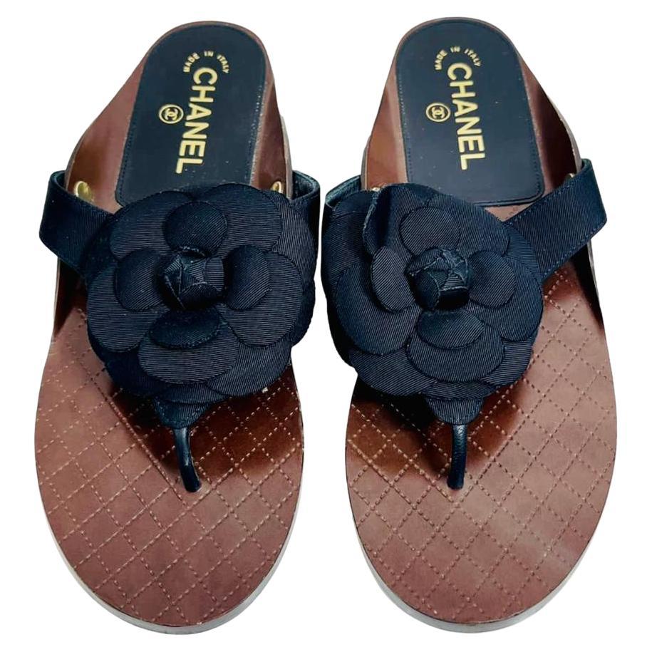 Chanel Navy Blue Leather CC Camellia Flower Flat Thong Sandals Size 38  Chanel