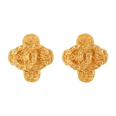 Chanel Clover Motif CC Mark Plate Earrings, 1994