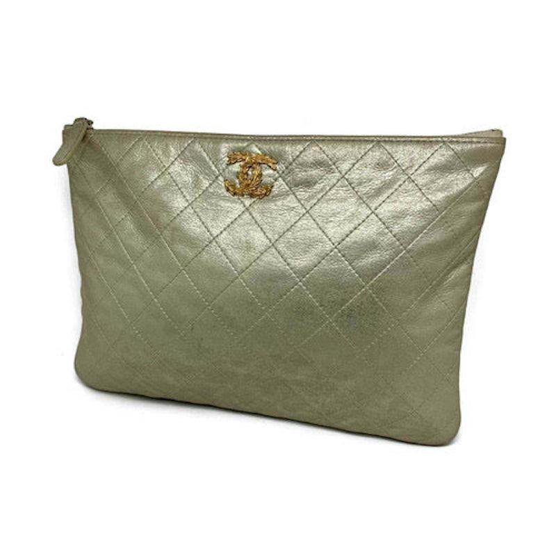 Gray Chanel Clutch Bag Leather In Gold For Sale