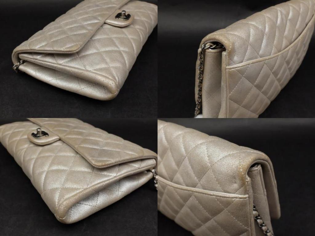 Chanel Clutch Classic Flap Quilted Jumbo Chain 231197 Silver Leather Shoulder Ba For Sale 4