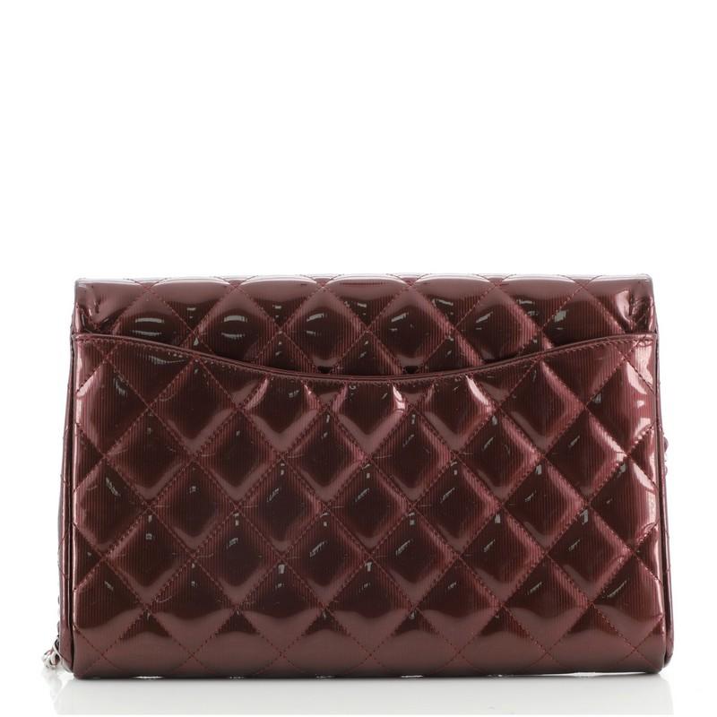 Black Chanel Clutch with Chain Quilted Striated Metallic Patent