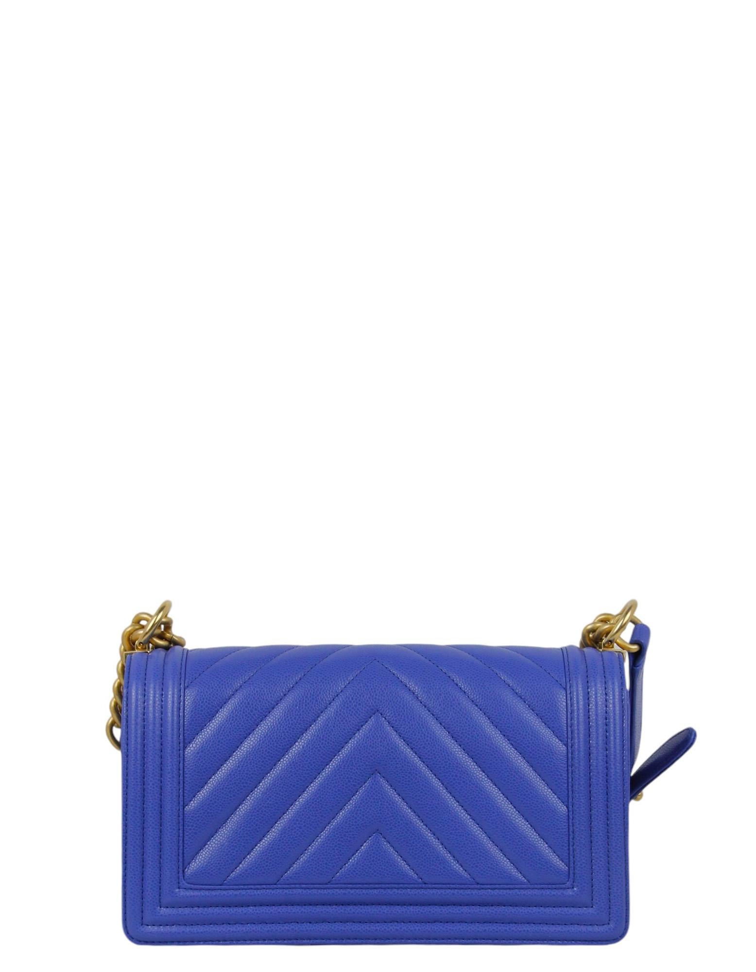 Women's Chanel Cobalt Blue Caviar Leather Chevron Quilted Medium Boy Bag For Sale