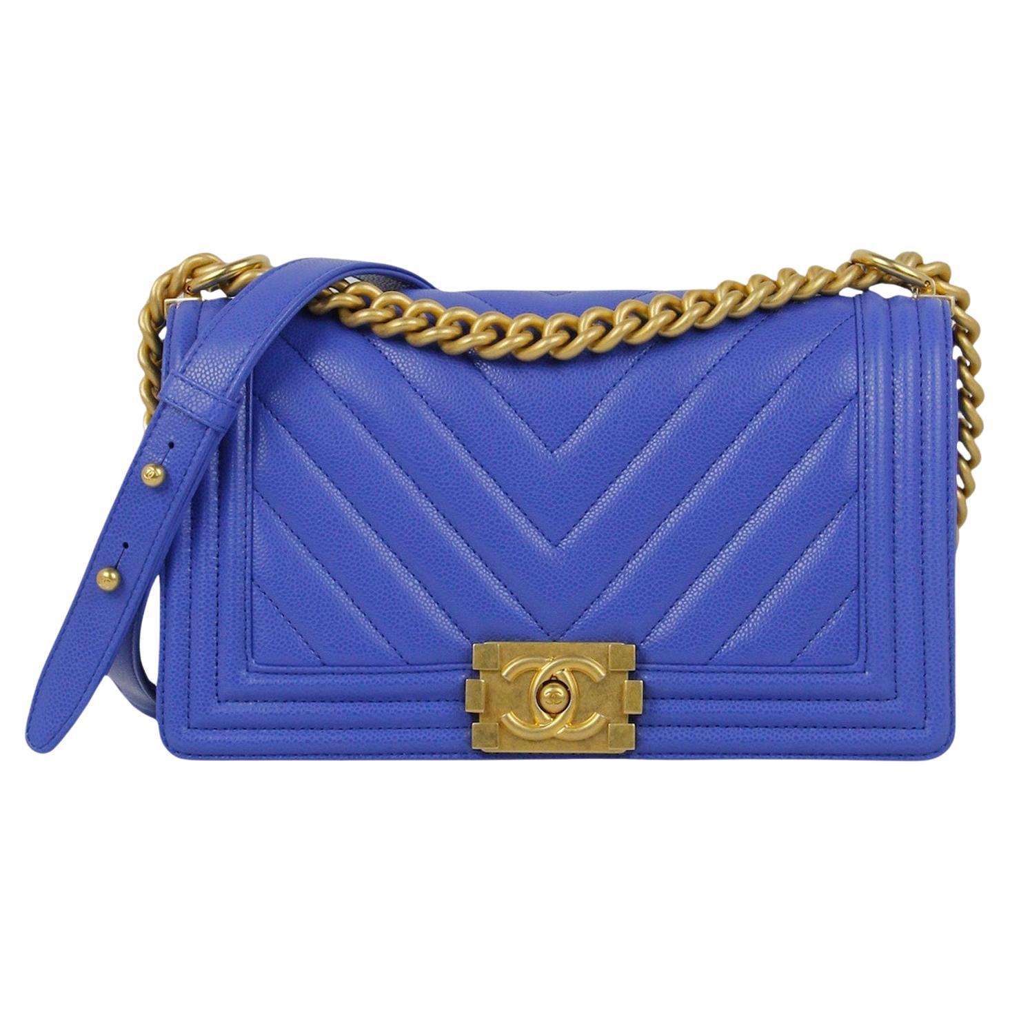 Chanel Cobalt Blue Caviar Leather Chevron Quilted Medium Boy Bag For Sale