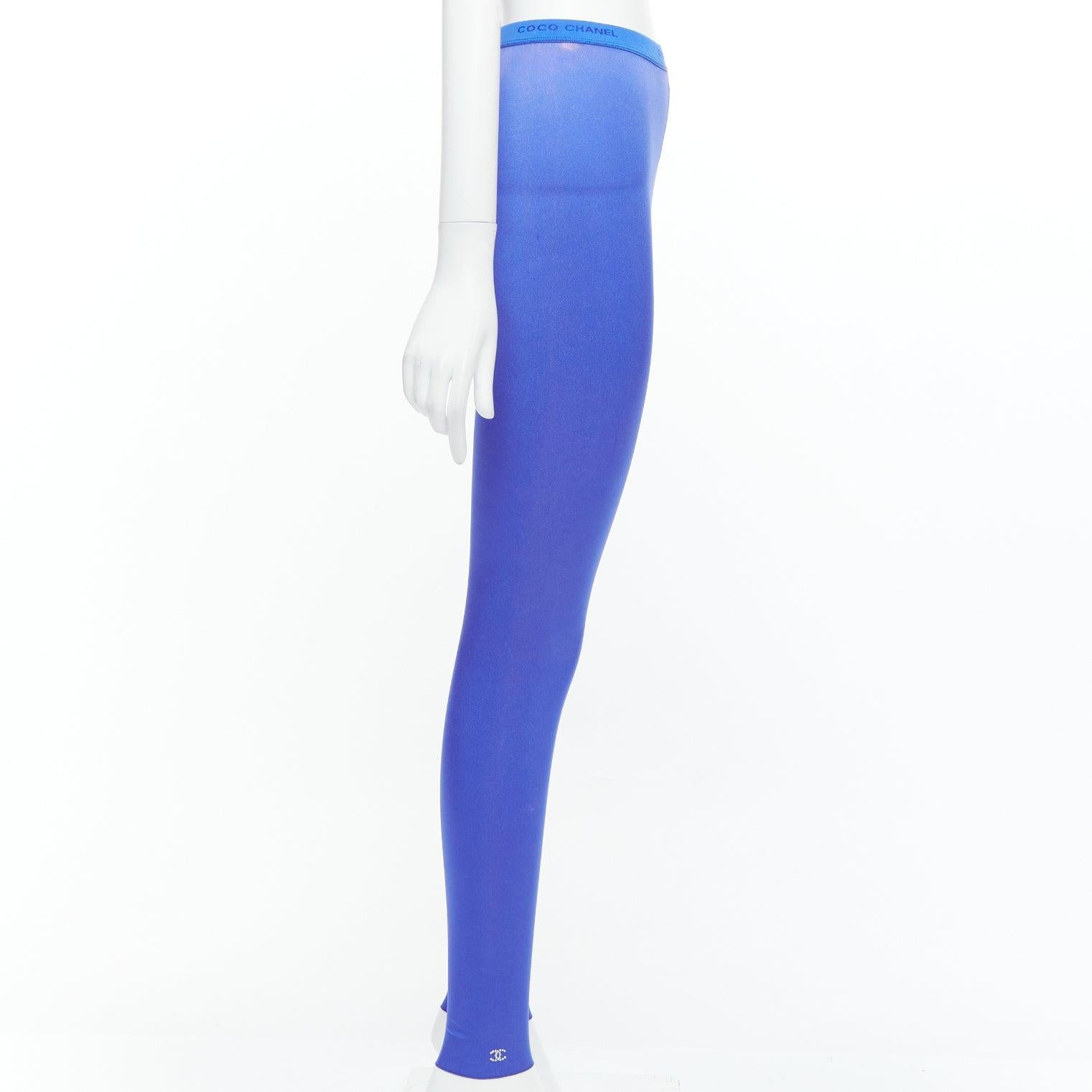 CHANEL cobalt blue crystal CC logo coco waistband leggings FR34 XS In Fair Condition For Sale In Hong Kong, NT