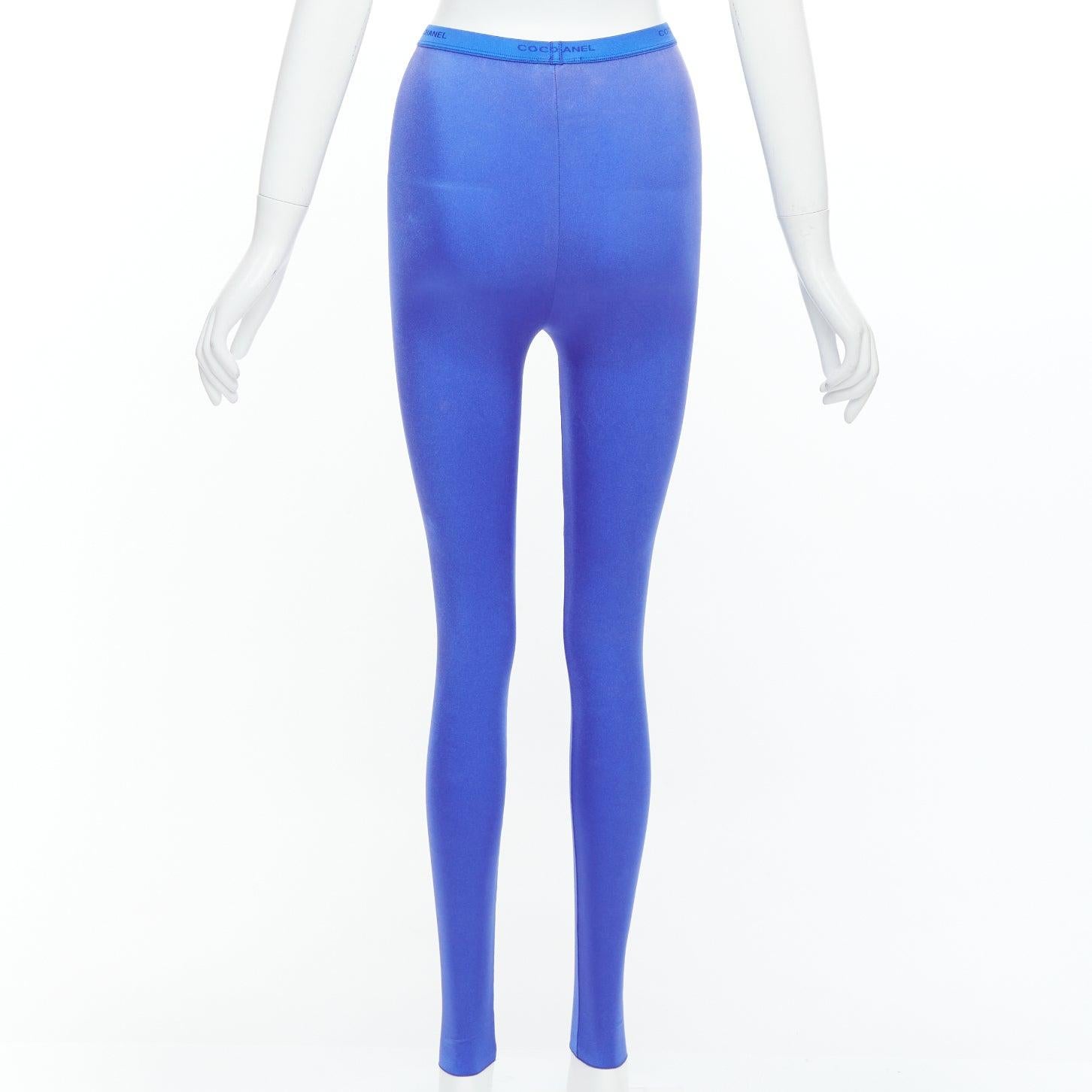 Women's CHANEL cobalt blue crystal CC logo coco waistband leggings FR34 XS For Sale