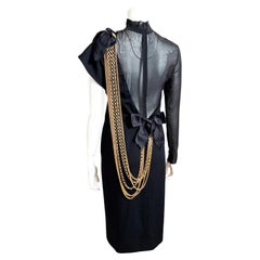 Chanel Cocktail Dress Asymmetric Black Wool Crepe Gilt Chains F/W 
85 Rare LBD