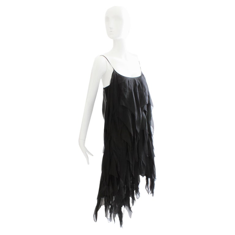 Chanel Cocktail Dress Flapper Style Layered Black Silk Chiffon Size 6 Rare 1970s For Sale
