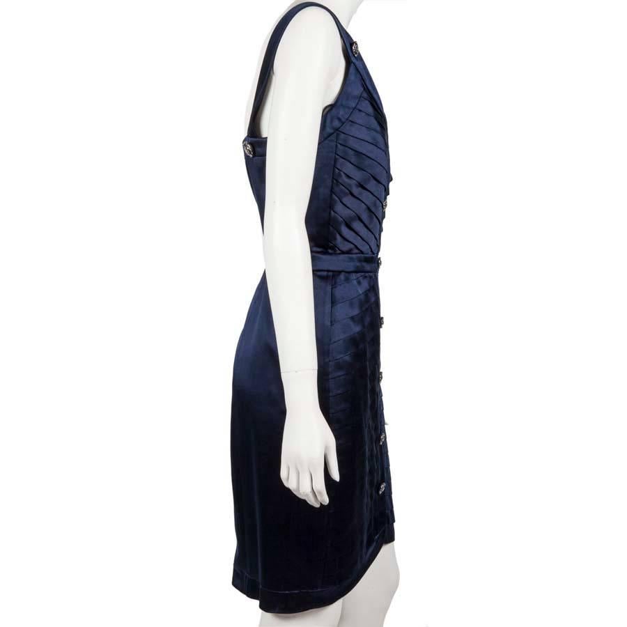 Women's CHANEL Cocktail Dress in Navy Blue Duchess Satin with Straps Size 38FR