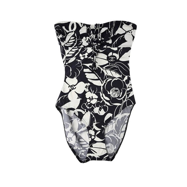 Chanel Coco Beach '21 Navy Blue and Ecru Floral Halterneck Swimsuit - S