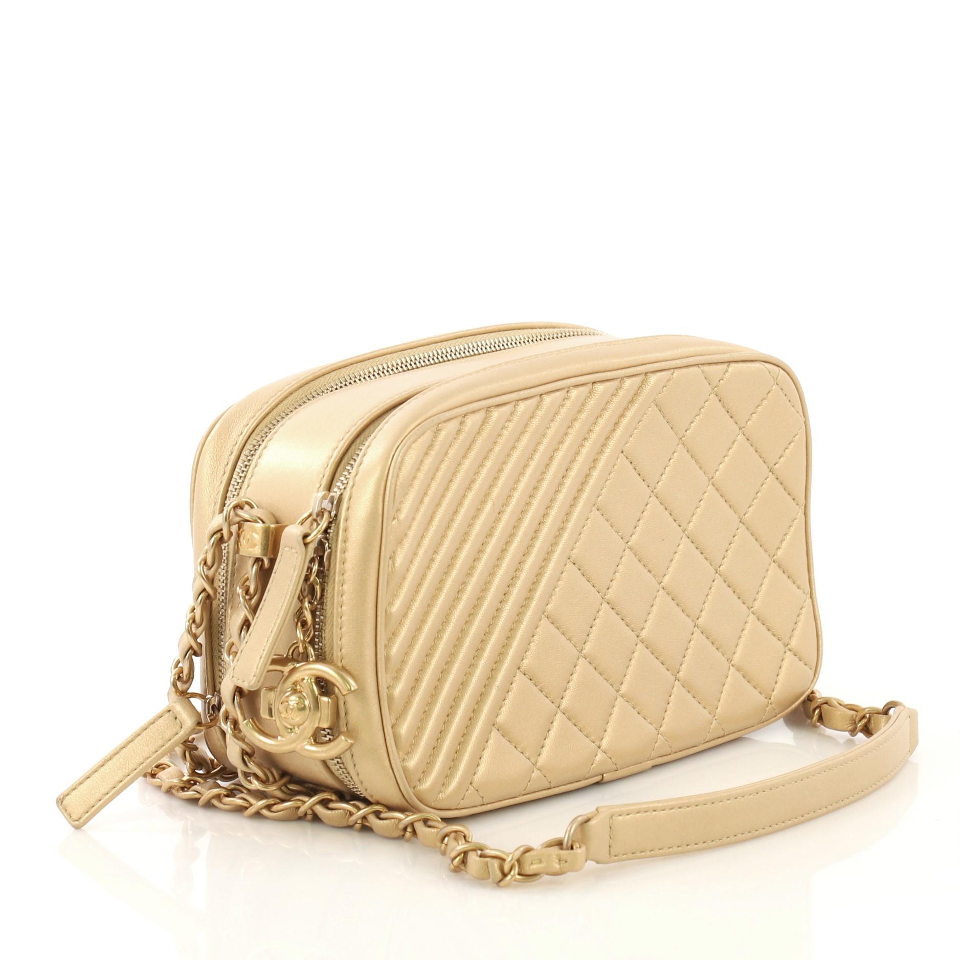 Beige Chanel Coco Boy Camera Bag Quilted Leather Small