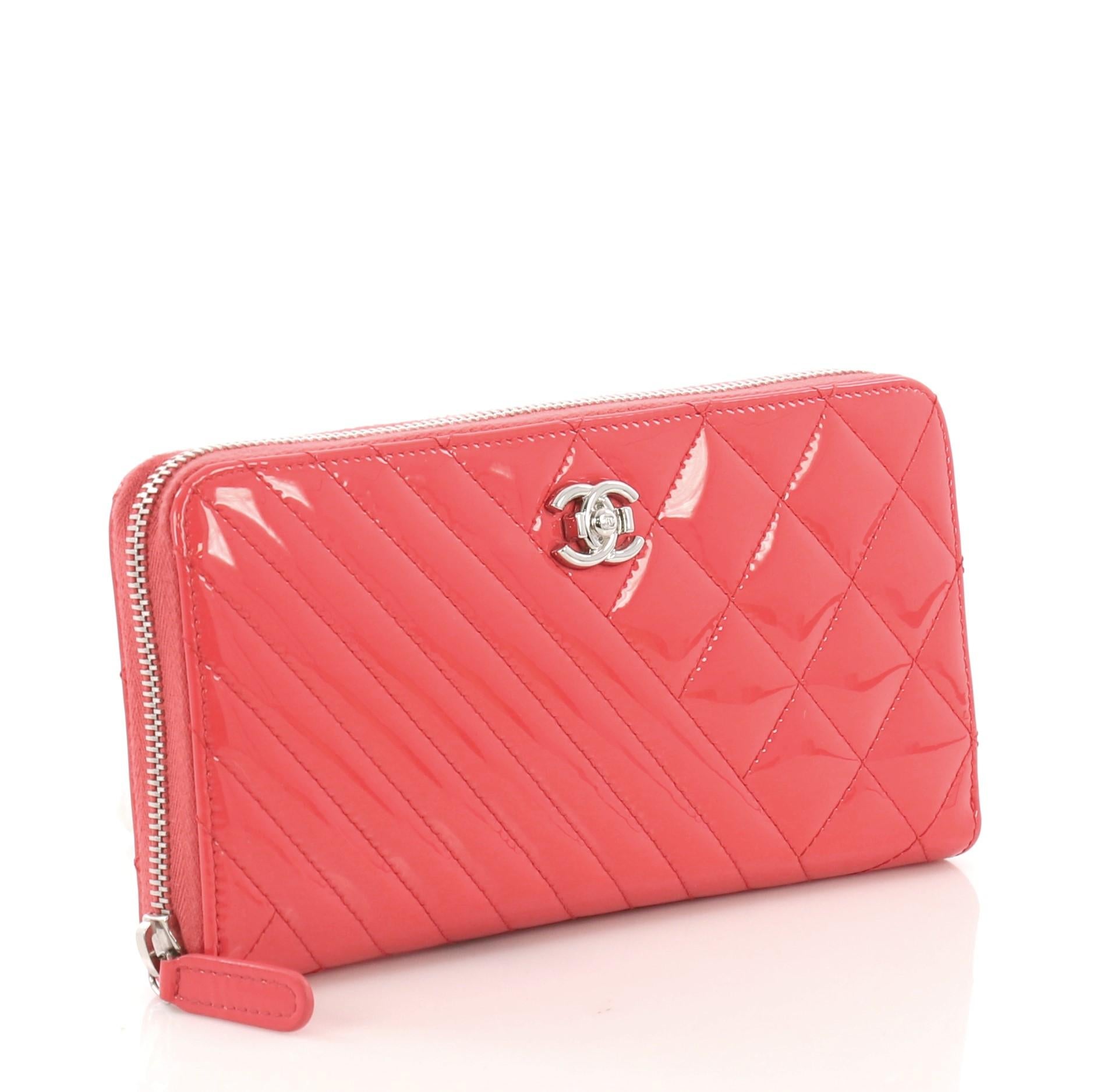 Red Chanel Coco Boy Zip Around Wallet Quilted Patent Long