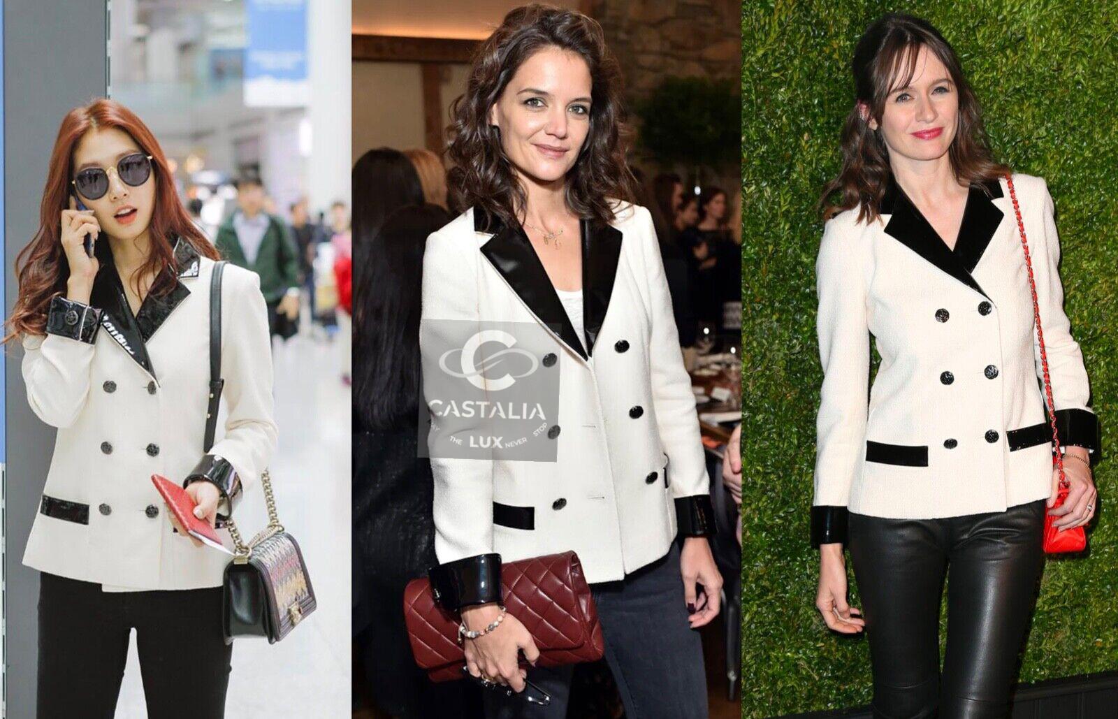 Chaqueta Chanel Coco Chanel de tweed negro con botones de camelia CC 38 FR en venta 12