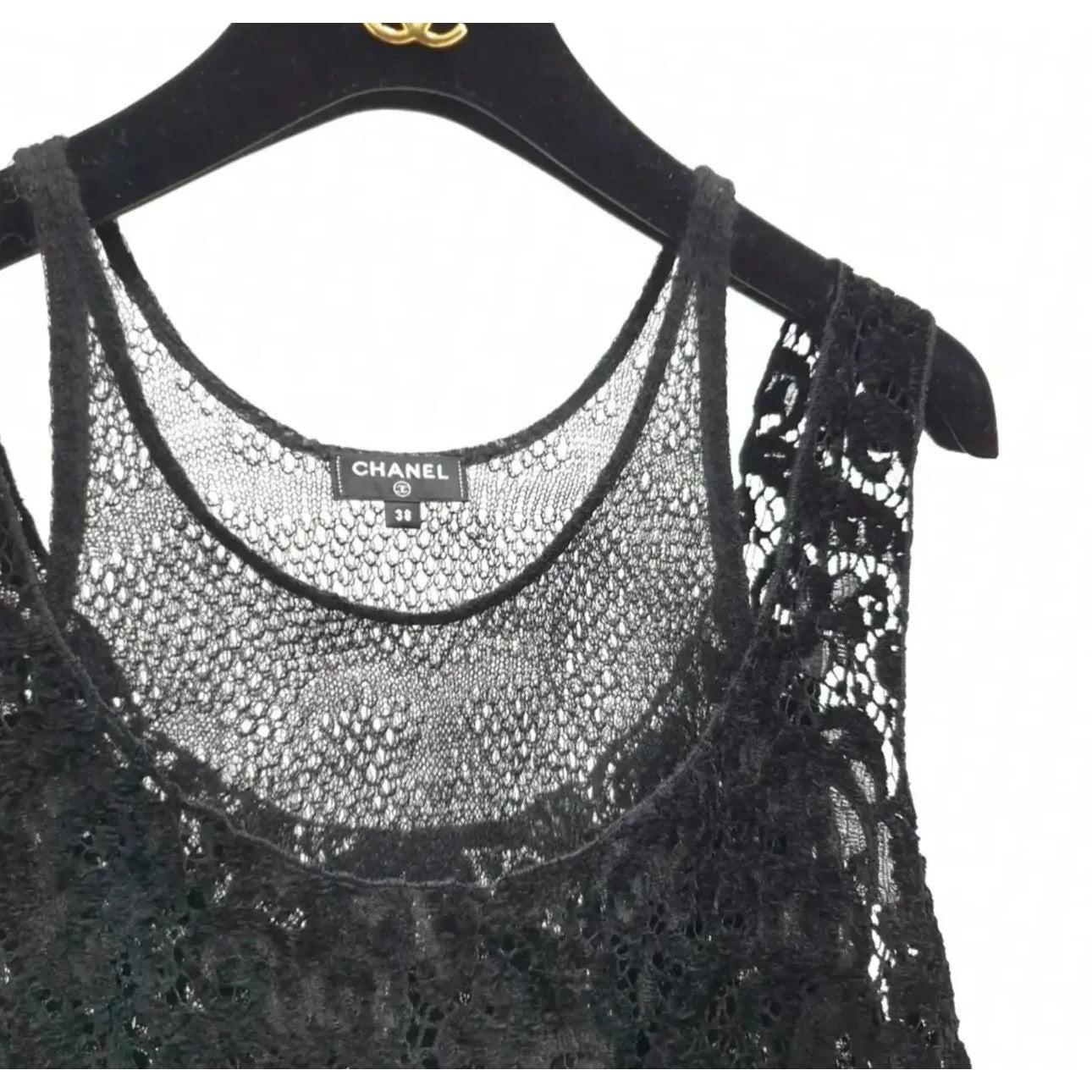 Nero Chanel Chanel Button Rayon Cashmere Layered Lace Knit Canotta Sz.38 in vendita