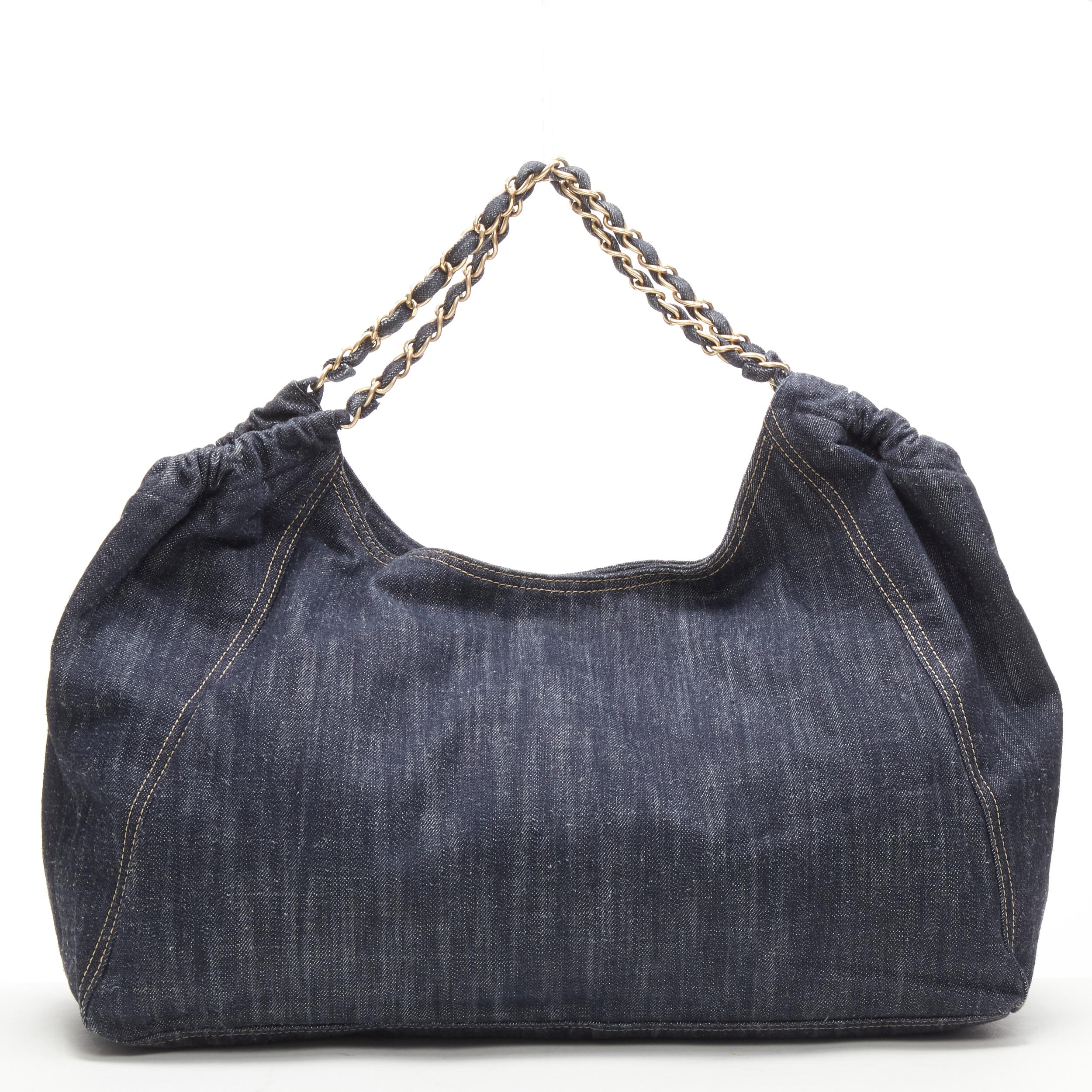 CHANEL Coco Cabas Denim XL dark indigo denim CC stitch metal chain hobo bag In Excellent Condition In Hong Kong, NT