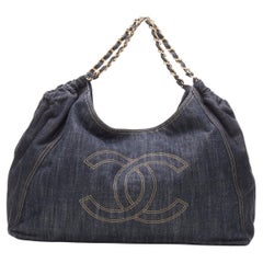 CHANEL Coco Cabas Denim XL dark indigo denim CC stitch metal chain hobo bag