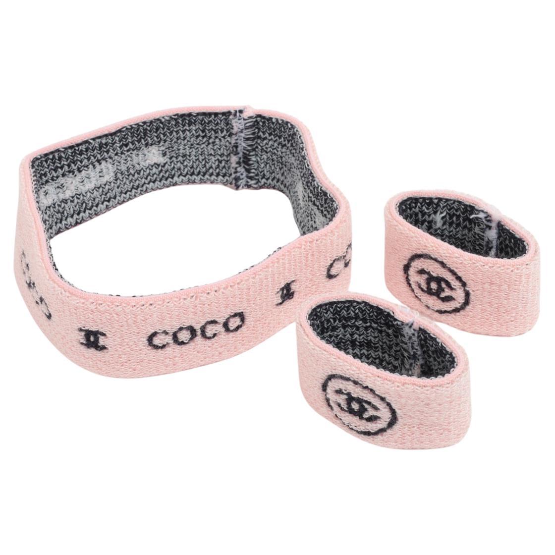 Chanel Coco CC Logo Knit Headband & Wristband Set Pink x Black For Sale