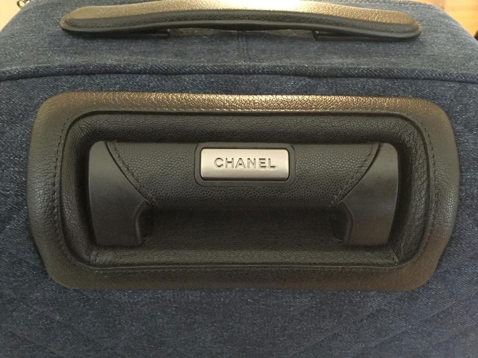 Chanel Coco Charm Denim Jean Trolley Travel Luggage Rolling Carry On Bag For Sale 1