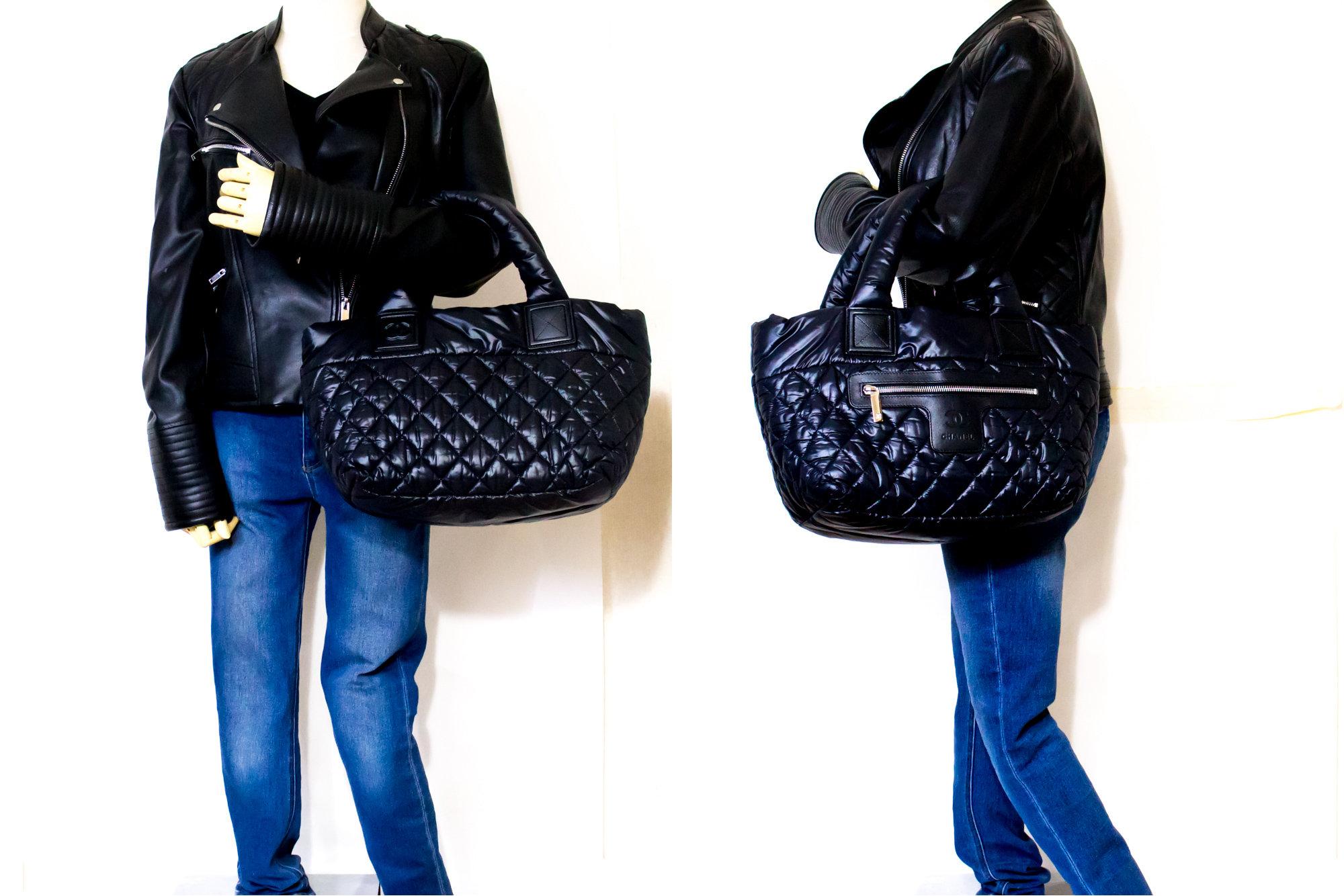 CHANEL Coco Cocoon PM Nylon Tote Bag Handbag Leather Black 4