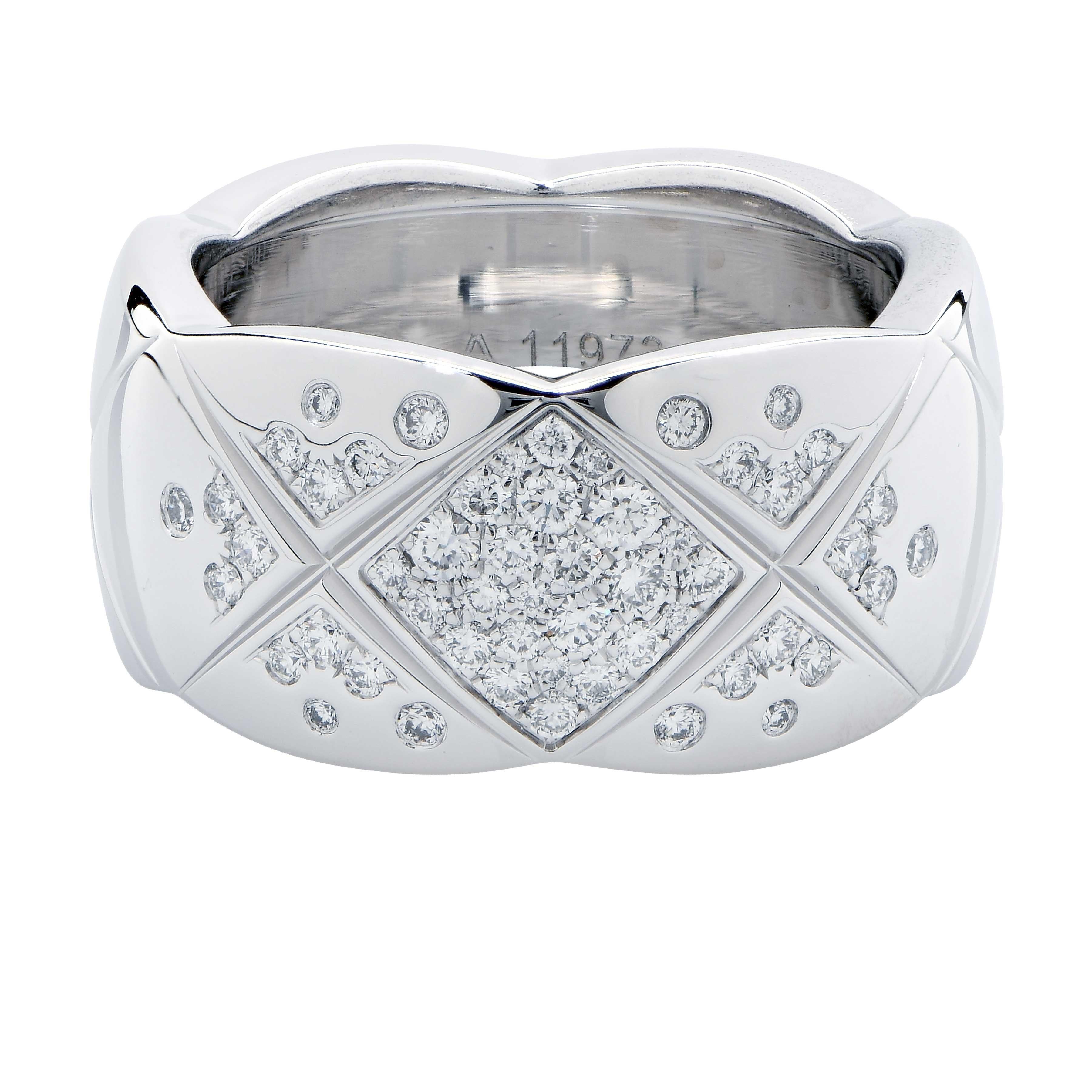 Coco Crush Diamond Band by Chanel 
Quilted motif, large version, 18K white gold, diamonds
Ring Size 7.5 
Metal Weight 18 Grams
