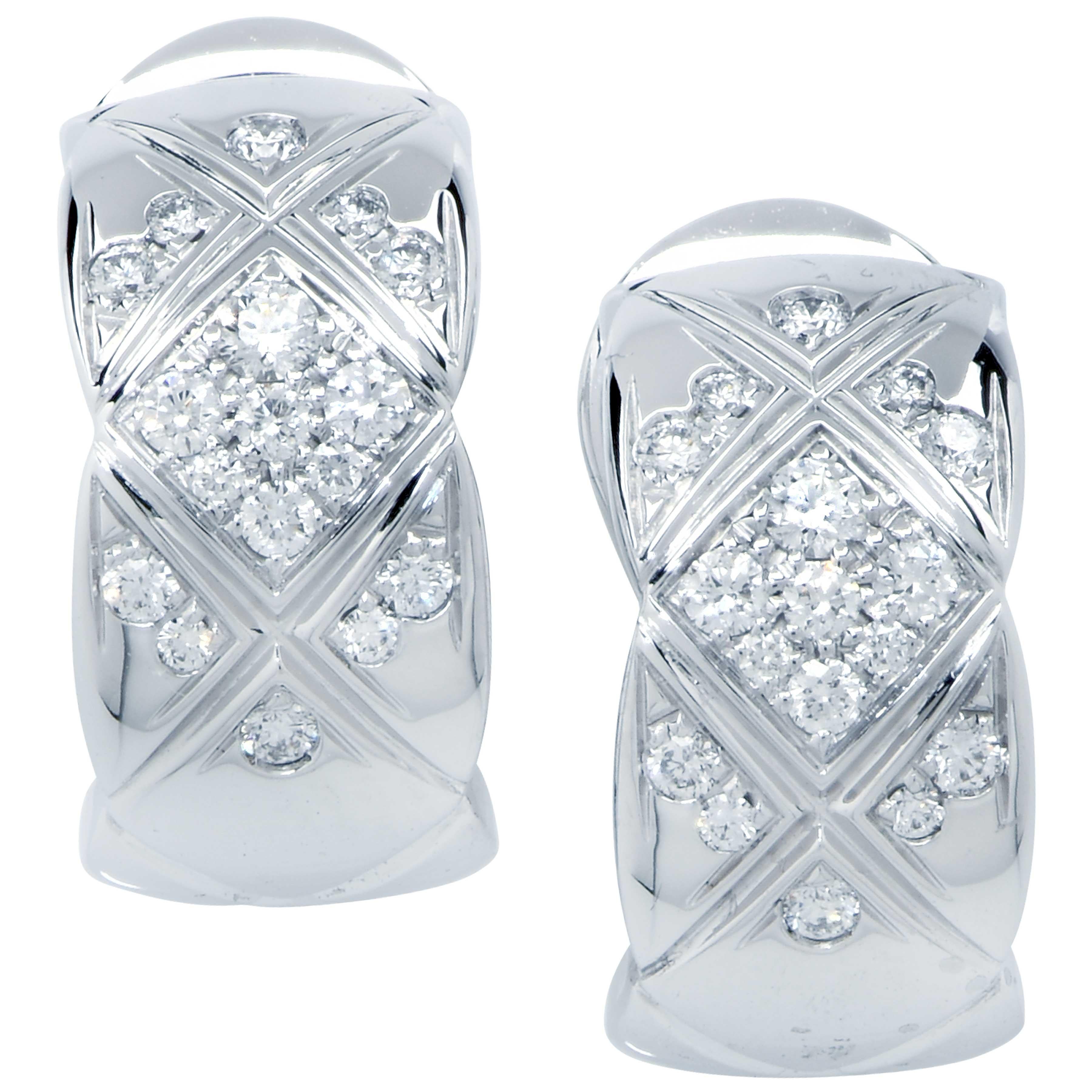 Chanel Coco Crush Diamond and 18 Karat White Gold Earrings 
These wonderful earrings are adorned by 26 round brilliant cut diamonds.
Metal Weight: 6 Grams
Current retail price $5,700.00