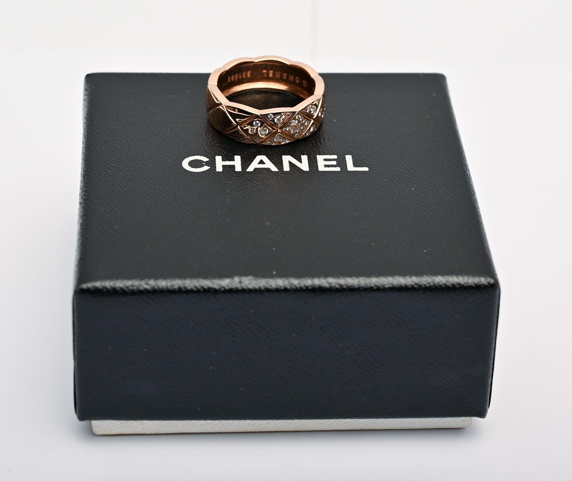 This Coco Crush ring is one of Chanel's most popular and well known band rings. It has Chanel's classic quilted design throughout. It is made of what Chanel refers to as beige gold, which most would call rose or pink gold. The ring has 31 brilliant