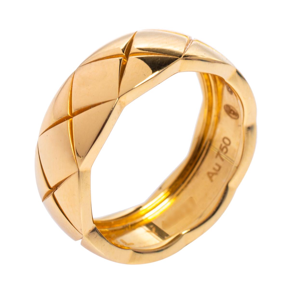 Chanel Coco Crush Quilted Motif 18K Yellow Gold Band Ring Size 50