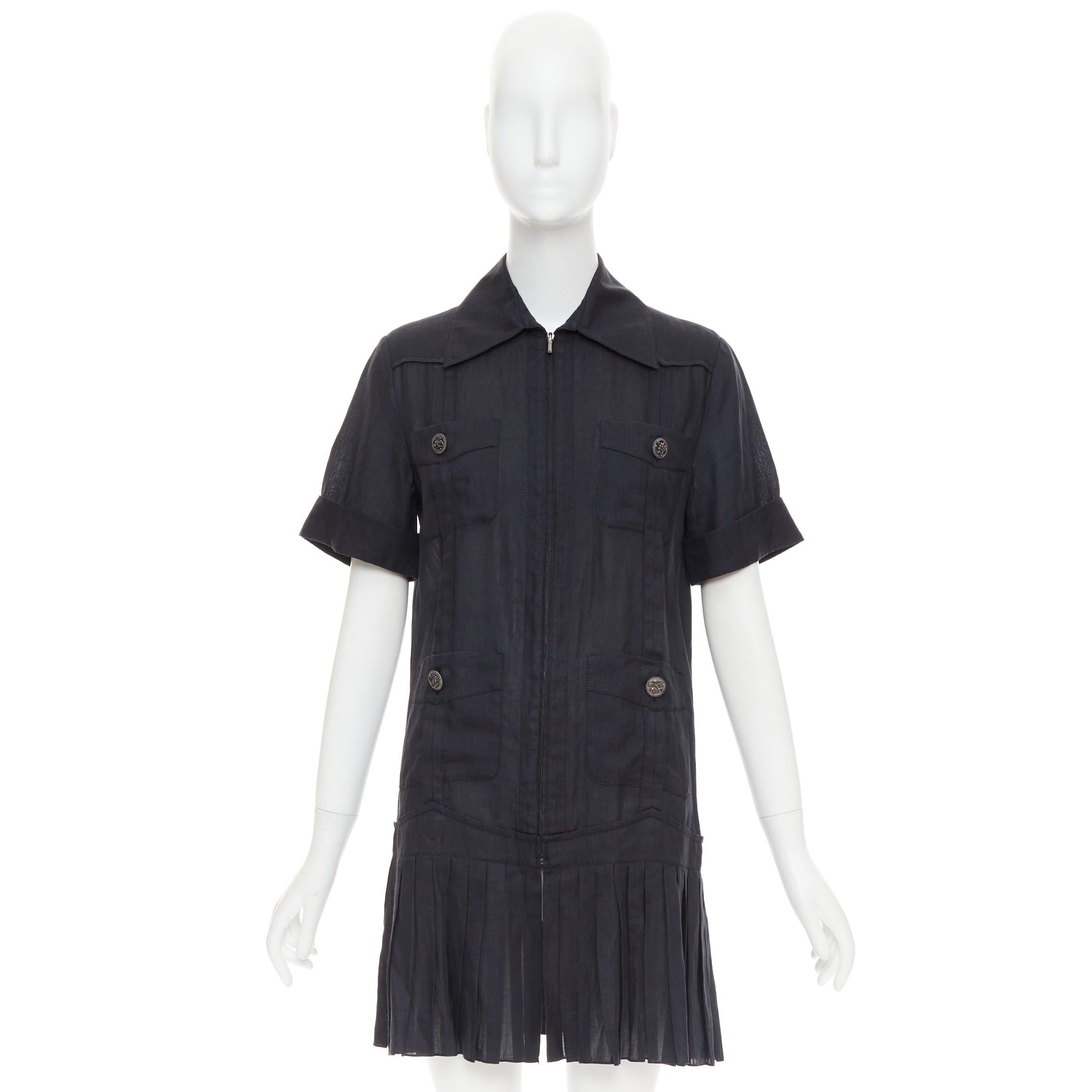 CHANEL Coco Cuba mini vestido plisado de ramio negro con cremallera de 4 bolsillos FR34 XS en venta 4