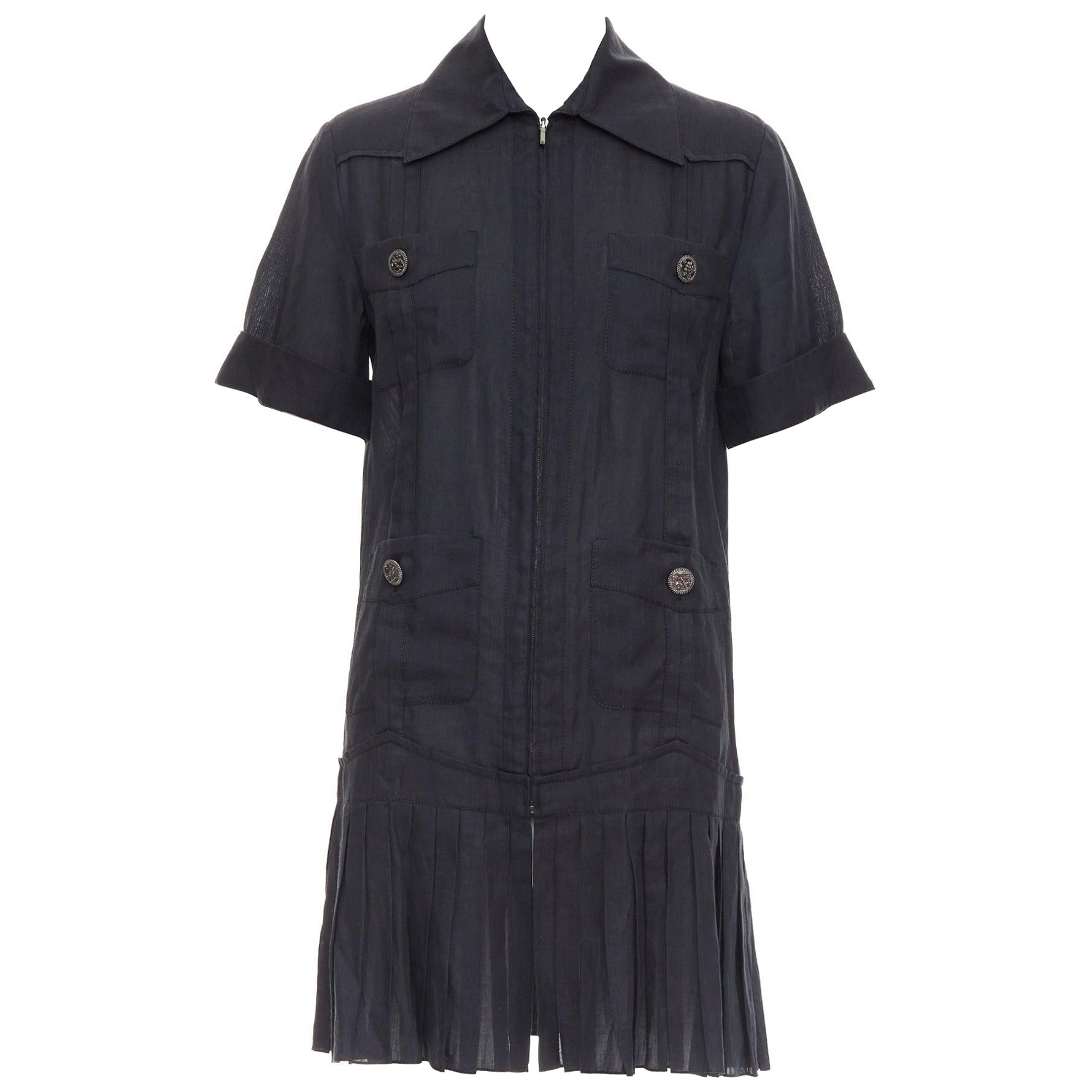CHANEL Coco Cuba mini vestido plisado de ramio negro con cremallera de 4 bolsillos FR34 XS en venta