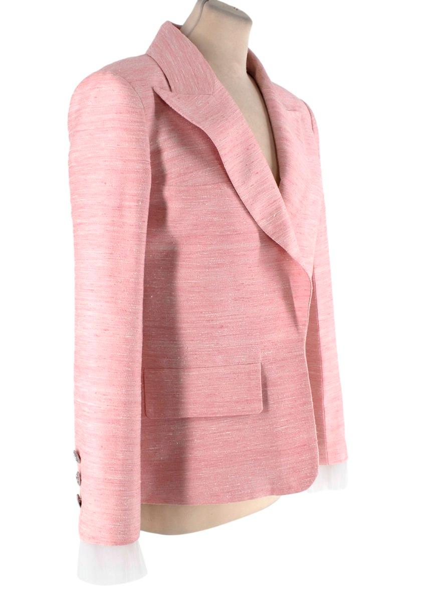 Chanel Coco Cuba Light Pink & Ivory Shantung Silk Blazer
 

 - Commerical look from the 2017 Coco Cuba collection
 - Warm pink Shantung silk with natural textured slub throughout, and ivory fleck 
 - Peaked lapel with a 70's influence, and 2