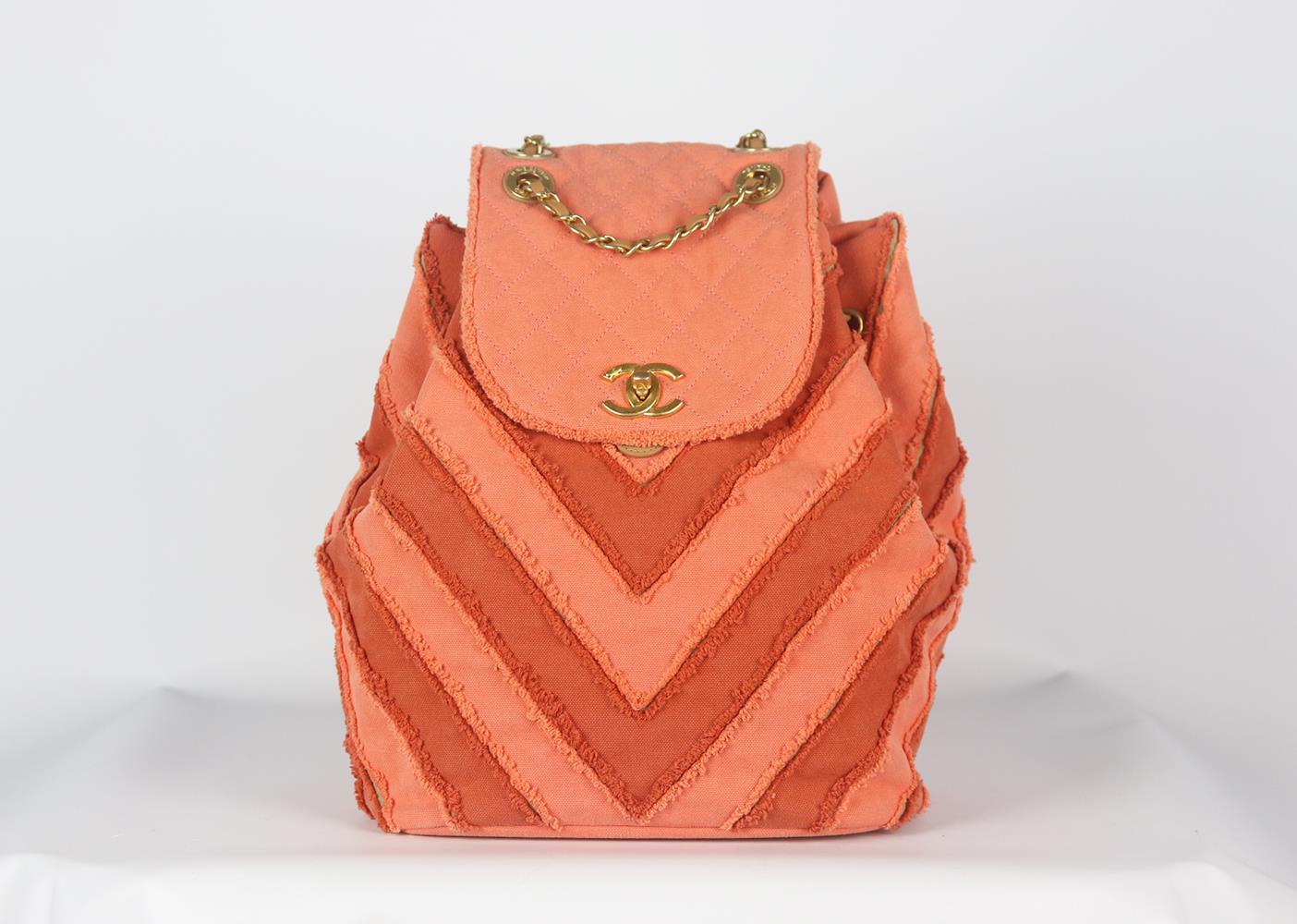 Orange Chanel Coco Cuba Patchwork Chevron Canvas Backpack For Sale