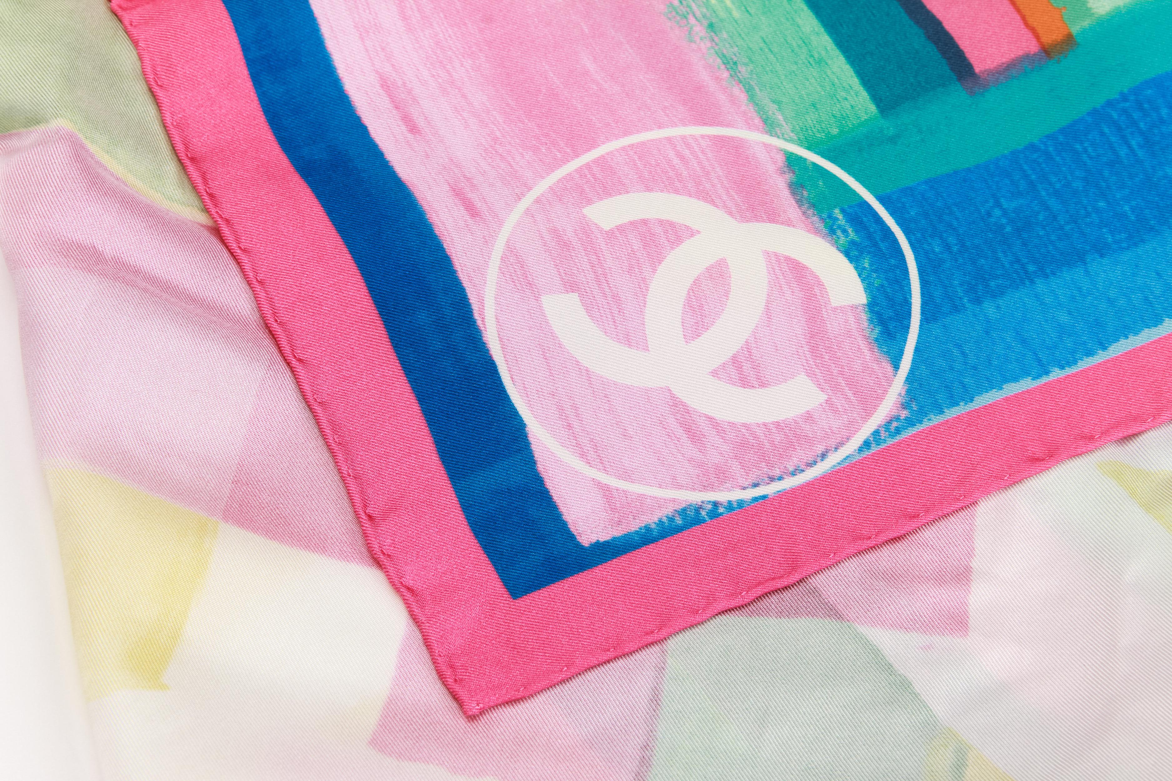 Chanel excellent condition Coco Cuba pink and blue silk scarf.
100% Silk
35