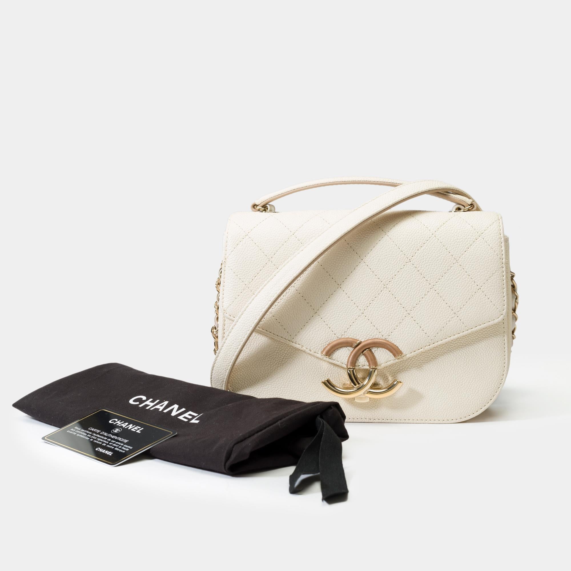 Splendid​ ​and​ ​Rare​ ​Chanel​ ​Coco​ ​Cuba​ ​Thread​ ​around​ ​top​ ​handle​ ​medium​ ​flap​ ​shoulder​ ​bag​ ​in​ ​ivory​ ​caviar​ ​grained​ ​leather,​ ​​ ​champagne​ ​metal​ ​trim,​ ​a​ ​chain-handle​ ​in​ ​champagne​ ​interlaced​ ​caviar​