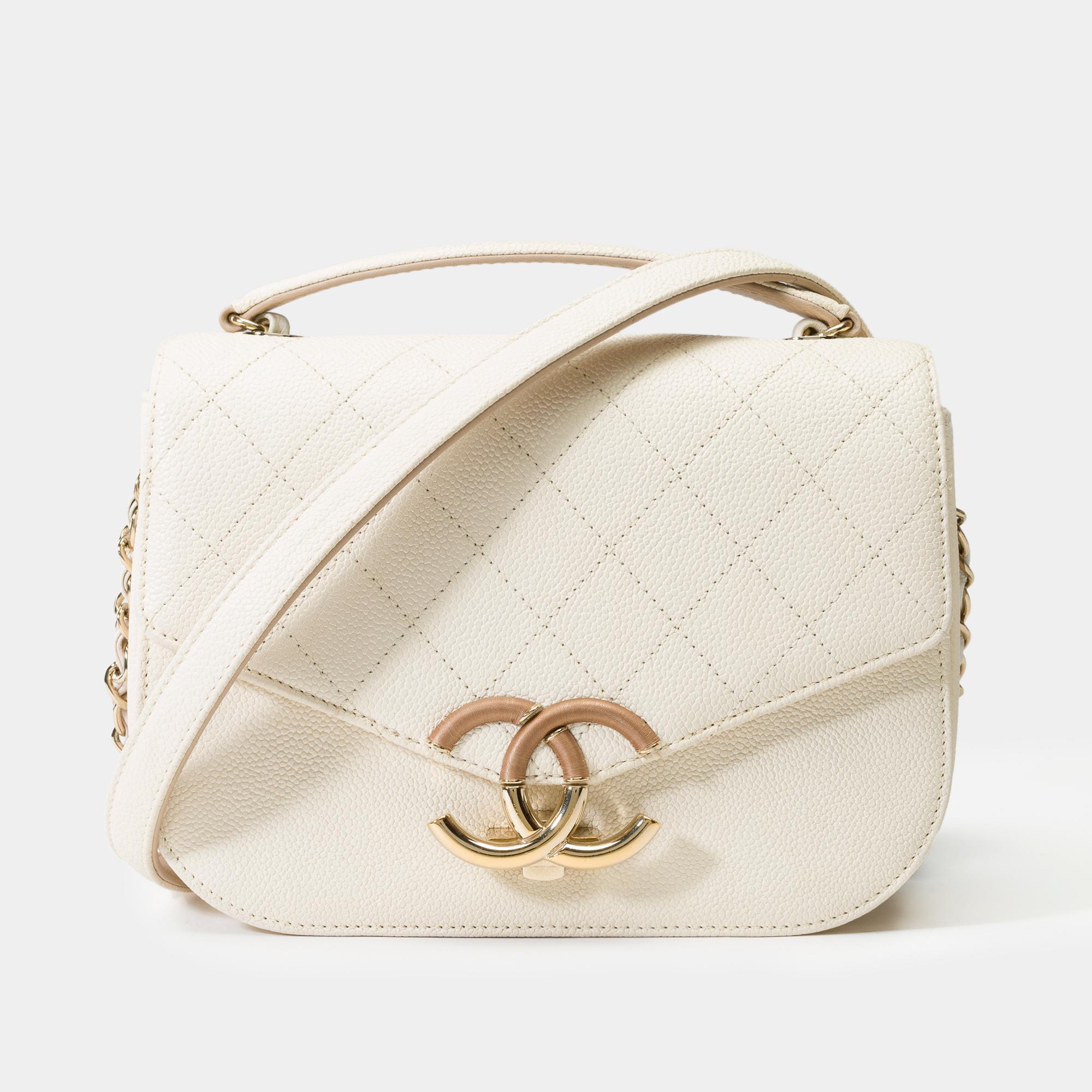 Beige Chanel Coco Cuba shoulder flap bag in ivory caviar leather, Champagne HW For Sale