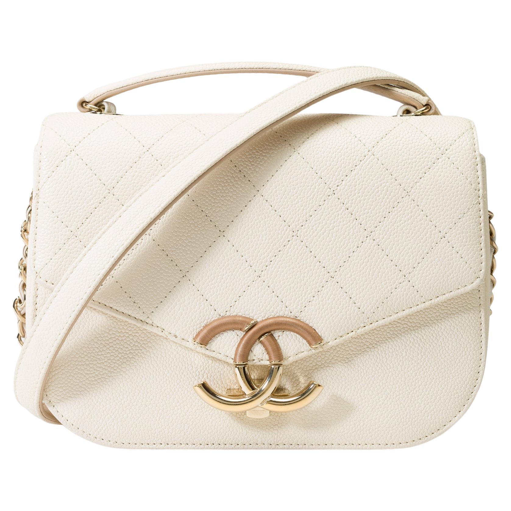 Chanel Coco Cuba shoulder flap bag in ivory caviar leather, Champagne HW For Sale