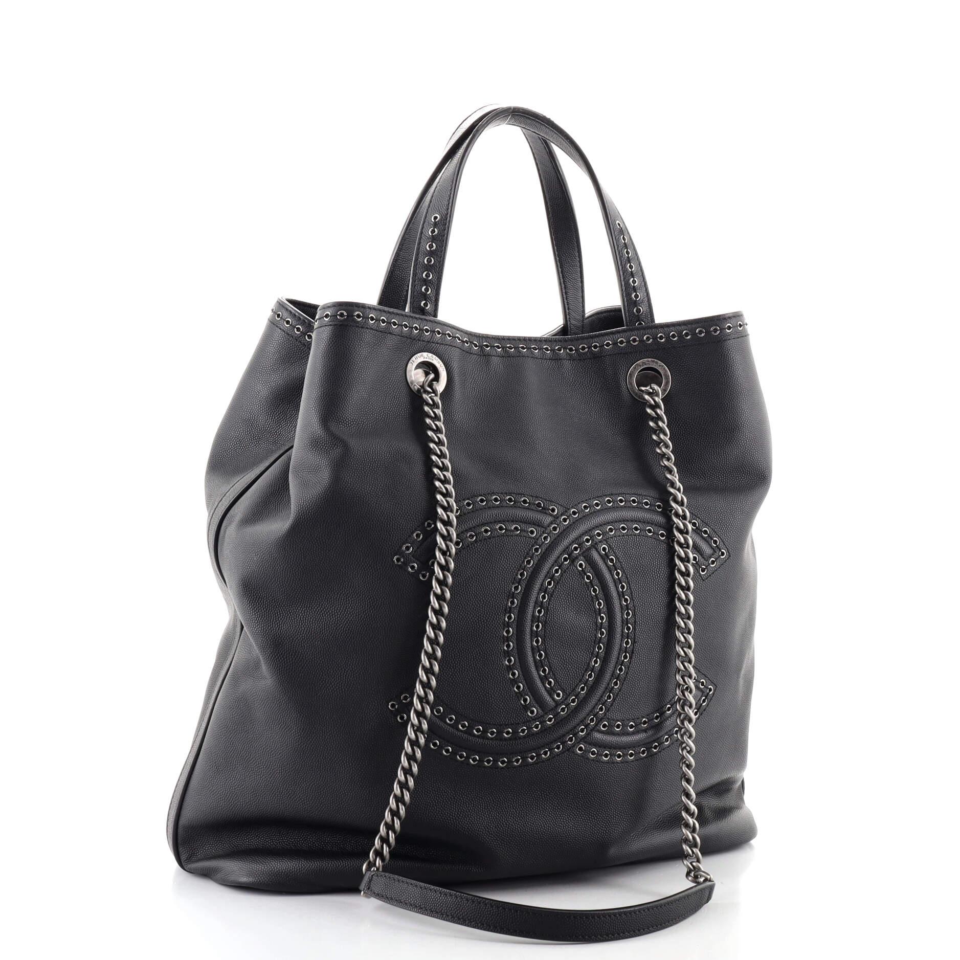 Black Chanel Coco Eyelets Shopping Tote Caviar Large