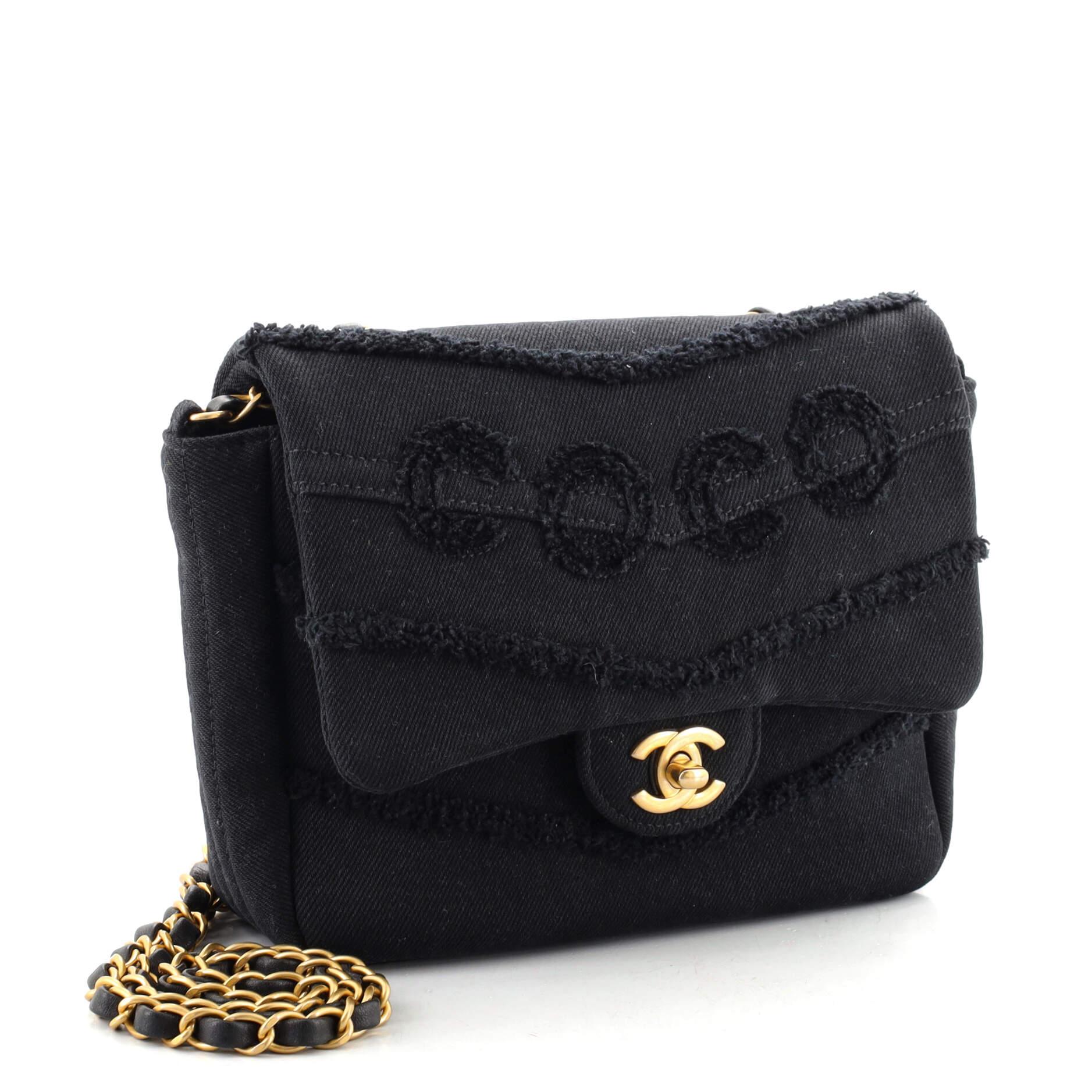 Black Chanel Coco Flap Bag Fringe Chevron Denim Small