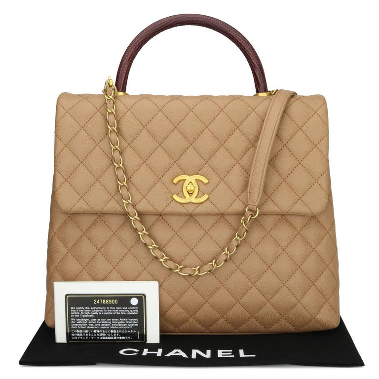 CHANEL Coco Handle Bag Large Caramel Caviar in Lizard Handle Gold Hardware  2017 at 1stDibs