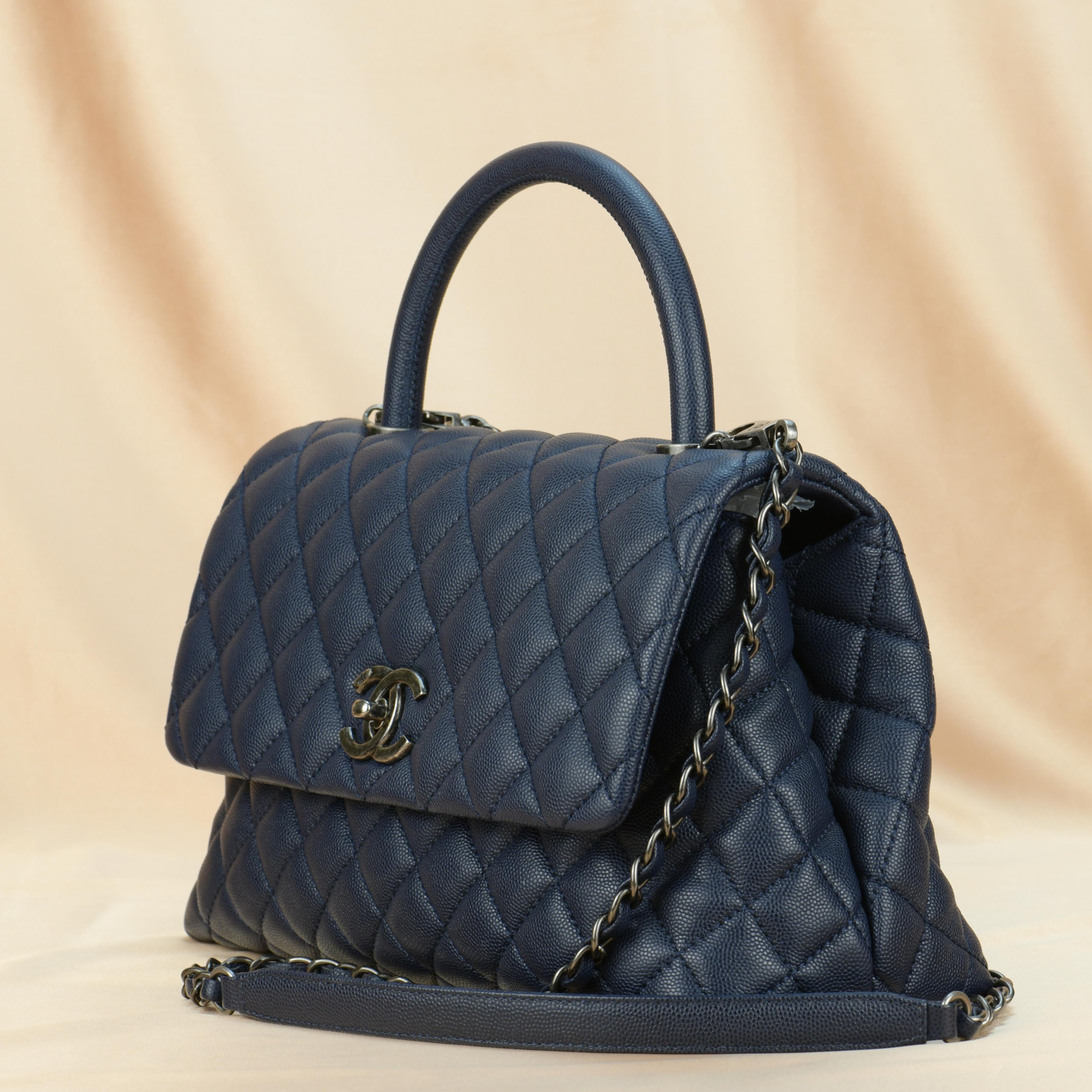 Women's or Men's Chanel Coco Handle Bag Large Navy Caviar with Ruthenium Hardware 2016