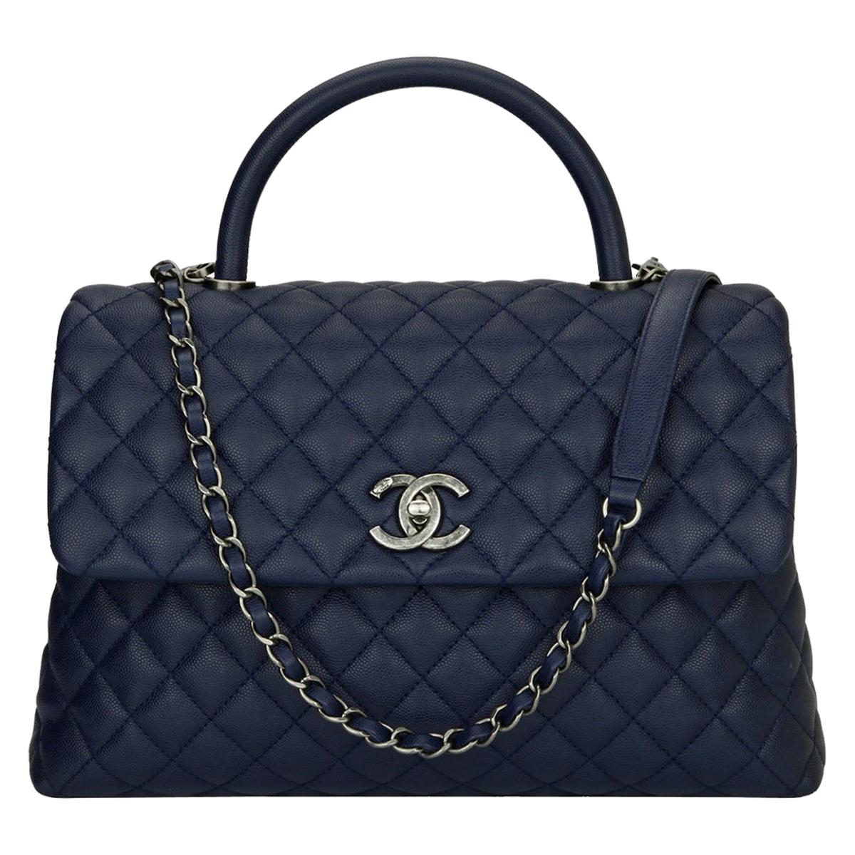 Chanel Coco Handle Bag Large Navy Caviar with Ruthenium Hardware 2017