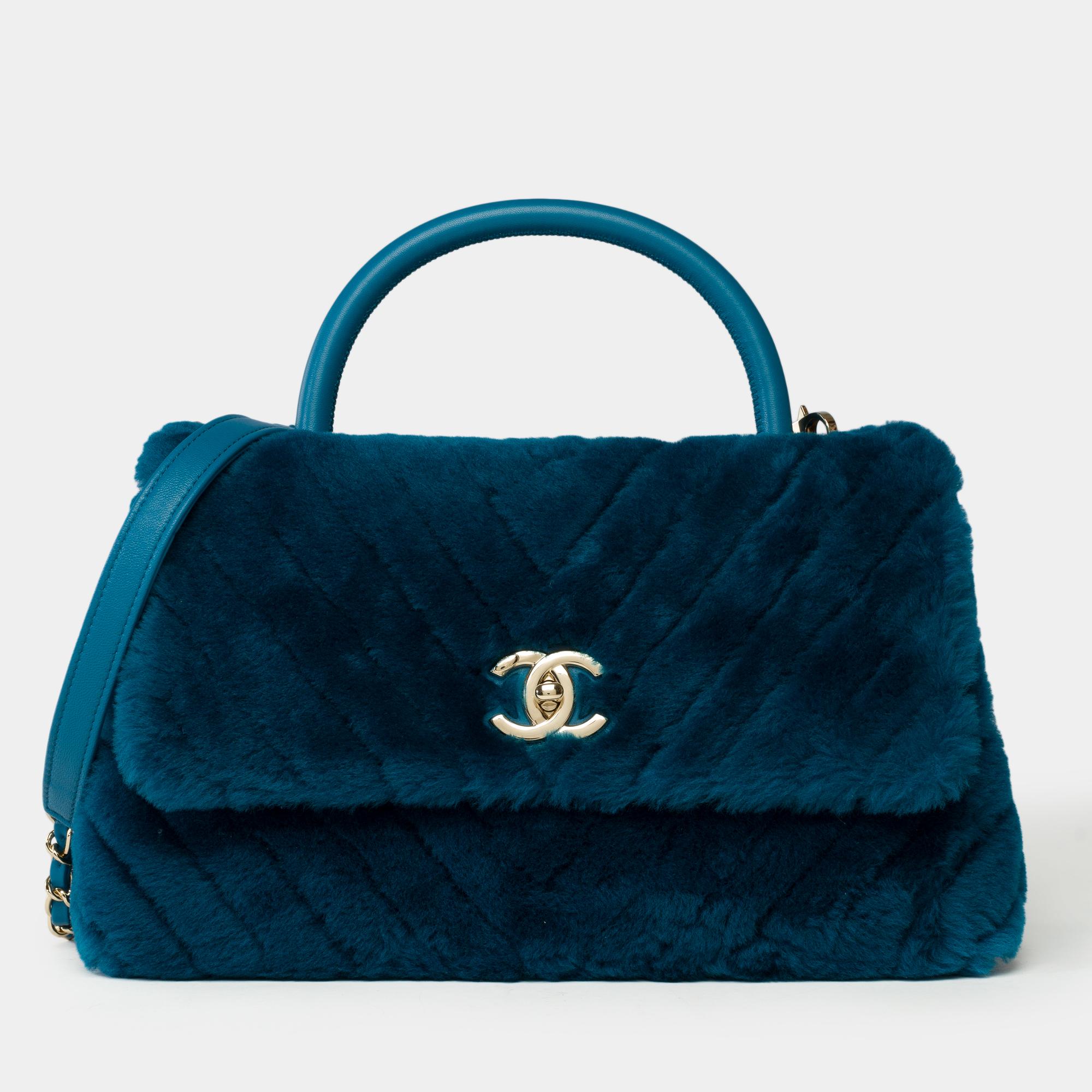 Noir Sac à main Chanel Coco en peau de mouton matelassée à chevrons bleu pétrole