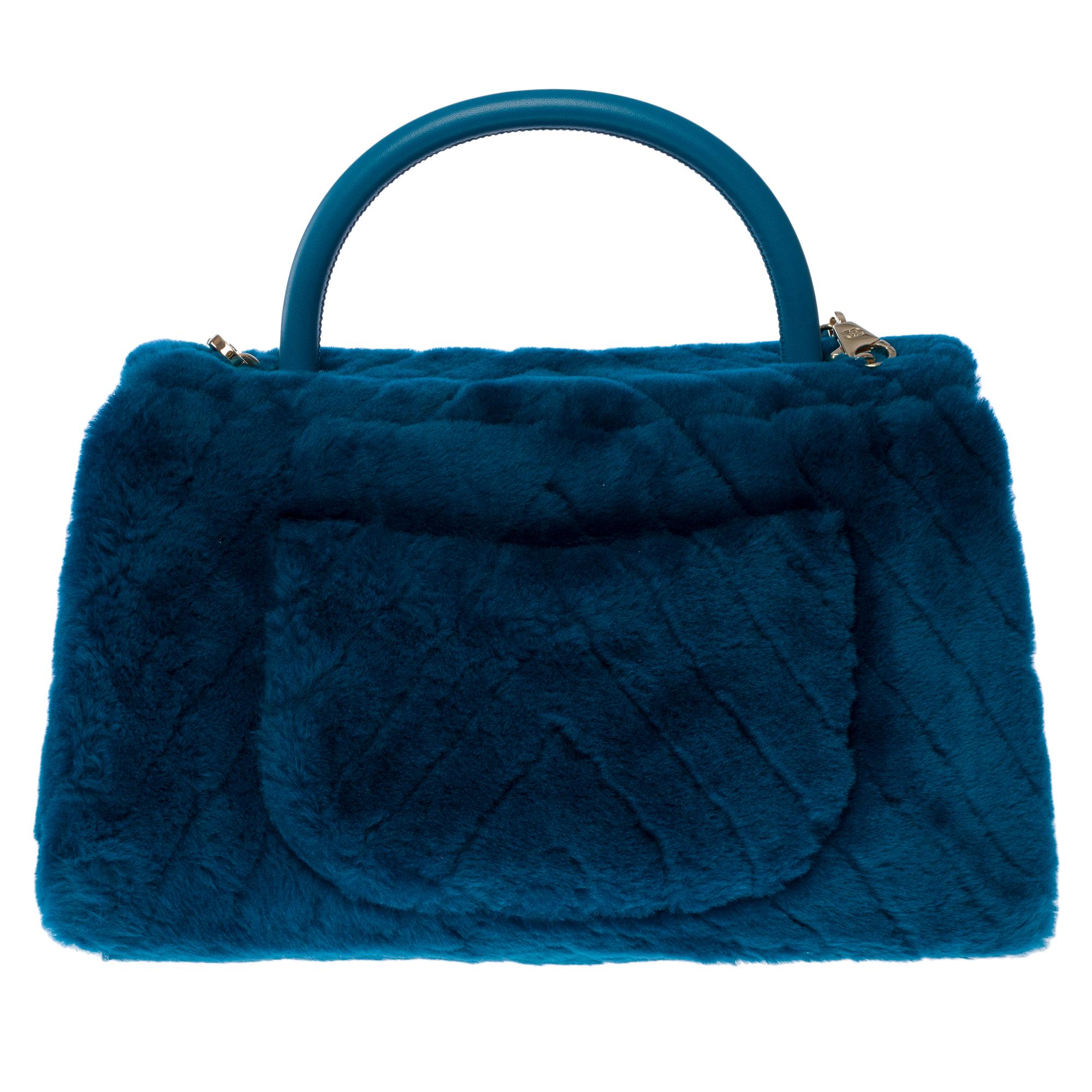  Sac à main Chanel Coco en peau de mouton matelassée à chevrons bleu pétrole Pour femmes 