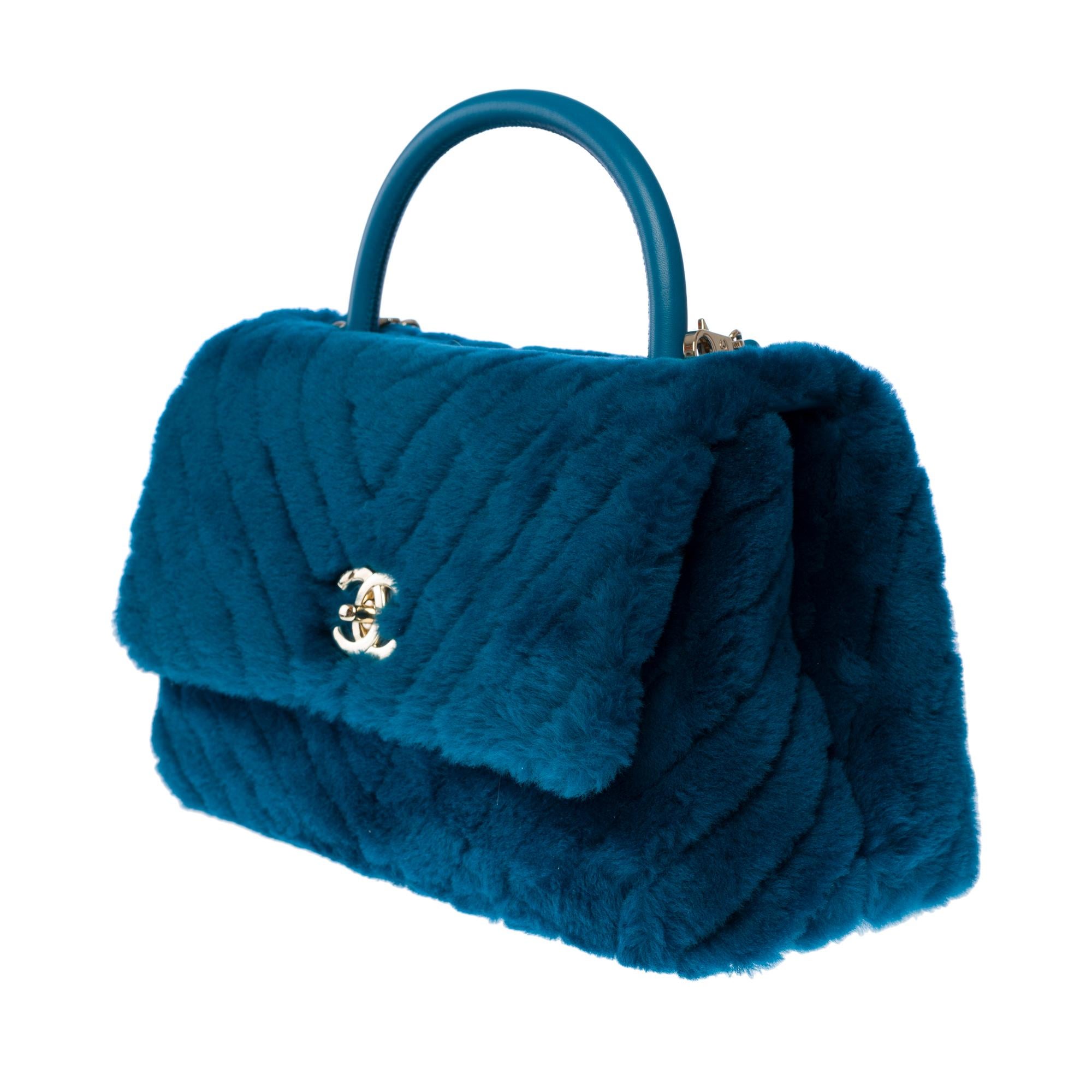 Sac à main Chanel Coco en peau de mouton matelassée à chevrons bleu pétrole 1